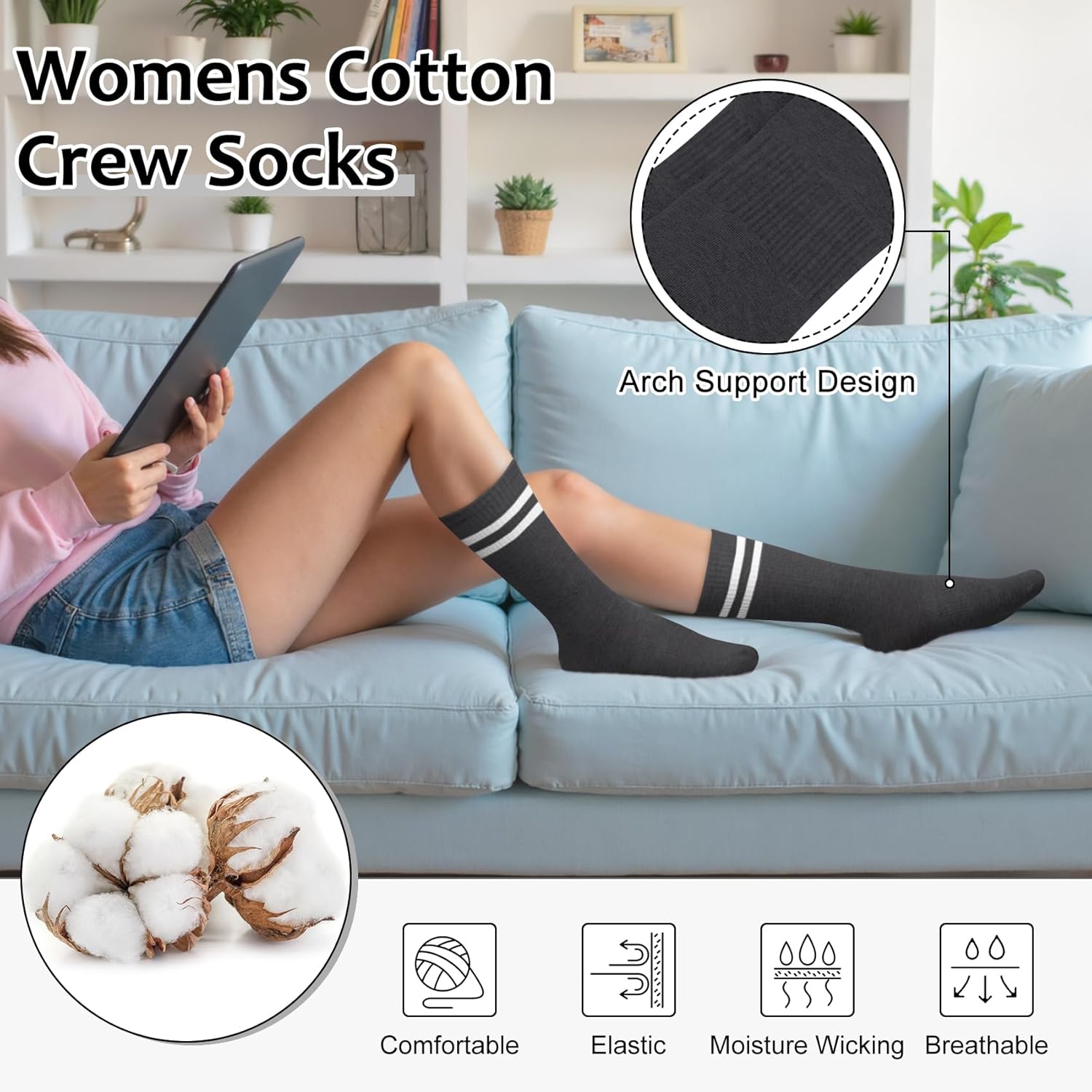 Justay 6 Pairs Striped Crew Socks - Cute Casual Long Athletic Running Tube Calf Cotton Socks for Women Gifts - Image 4