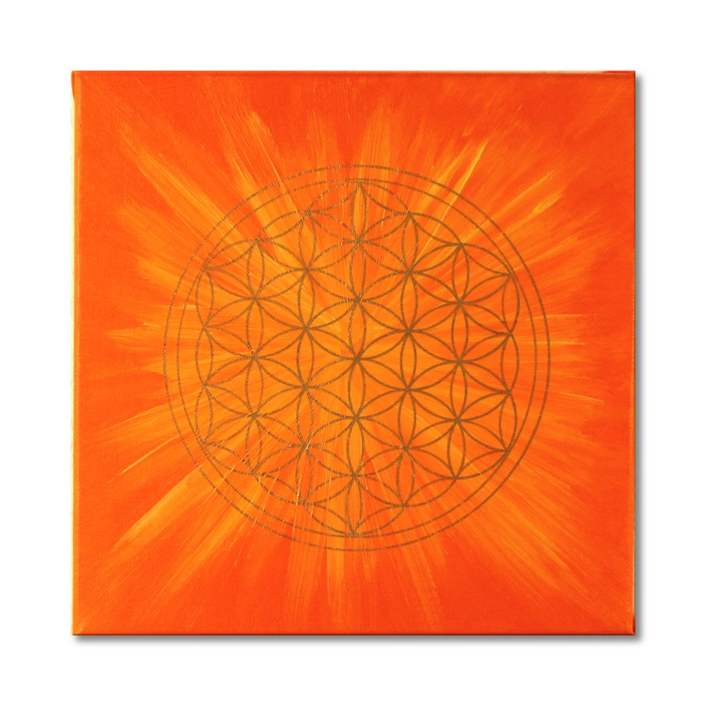 Blume Des Lebens Leinwandbild, Handgemalt In Gold Auf Sonnenaufgang-Hintergrund – Rund, 50 Cm, Made In Germany