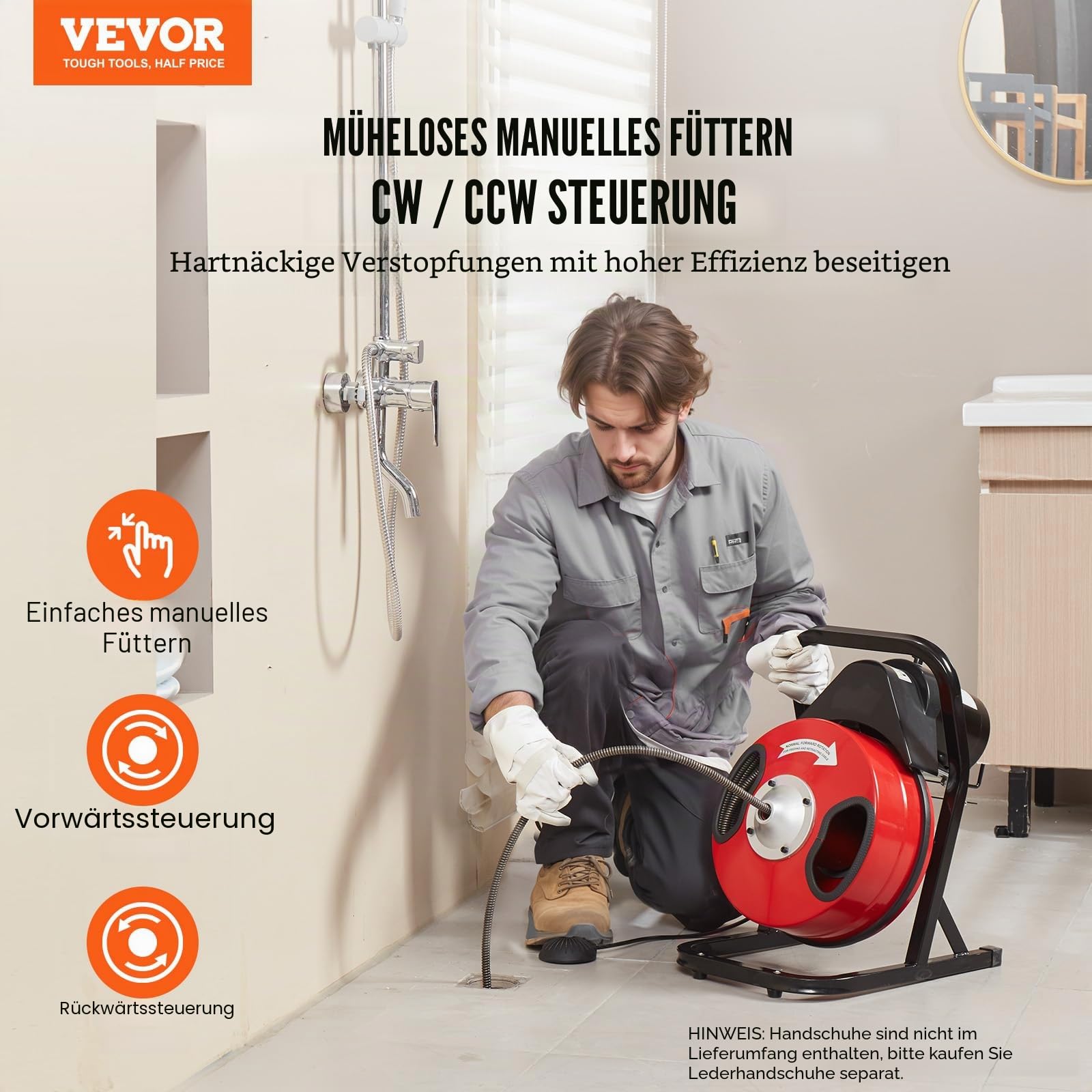VEVOR Rohrreinigungsmaschine 50 FT x 1/2 Zoll, manuelle Rohrreinigungsspirale – mit 4 Schneidern und luftaktiviertem Fußschalter für 2 bis 4 Zoll Rohre