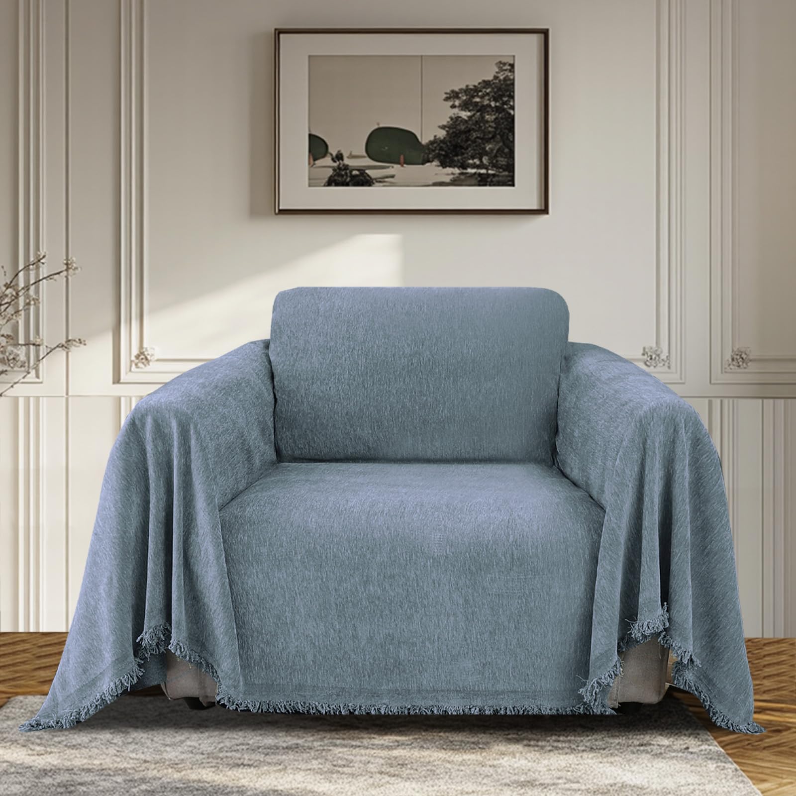 Bellahills Stone Blue Sofa Cover 3 Seater Chenille Sofa Covers 2 Seater Armchair Covers L Shape Sofa Slipcover Non-Slip Couch Covers With Tassel Sofa Protector From Dogs, 180X230cm,