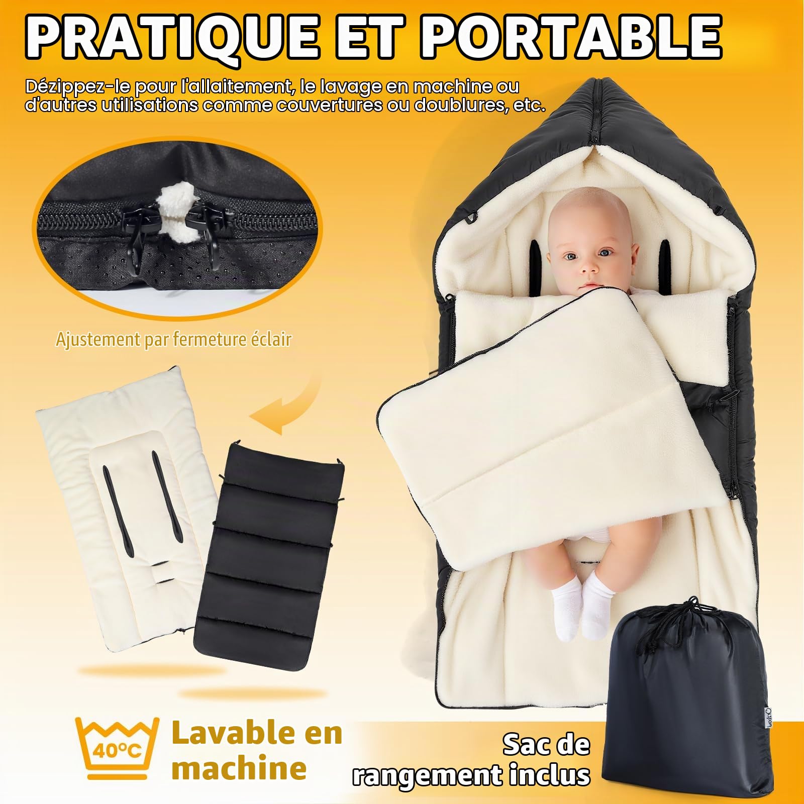 Chanceliere Bebe Poussette Universelle, Imperméable Chanceliere Bebe Cosy avec Fermeture Éclair Réglable, Hiver Chancelière Poussette, Détachable & Durable, Tissu Cationique Chaud, Noir Classique