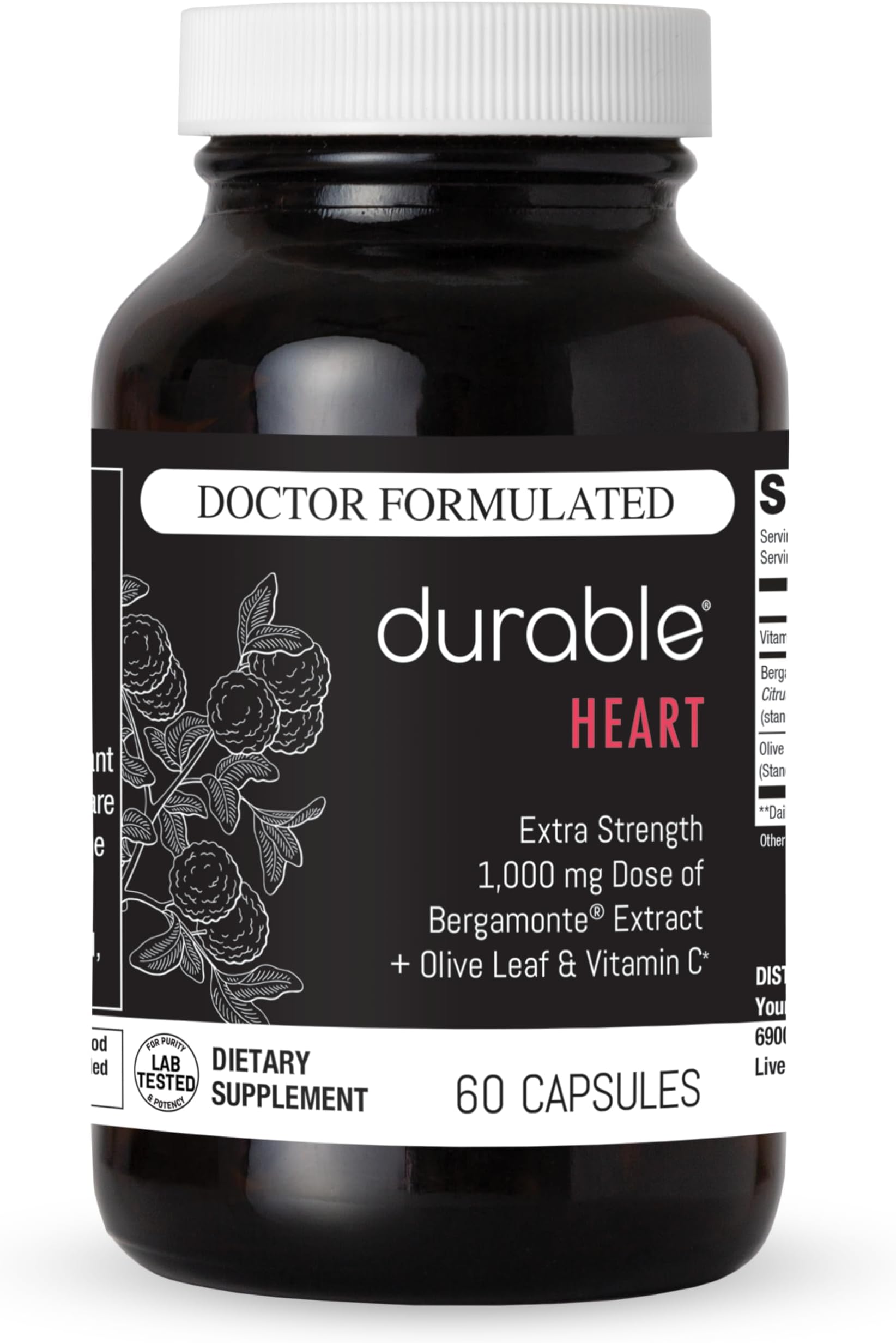 Durable Heart – Bergamonte Citrus Bergamot 1,000 mg + Olive Leaf Extract + Vitamin C - Heart Health Supplement for Healthy Cholesterol - Doctor Formulated, Vegan, Non-GMO, Made in USA (60 Capsules)