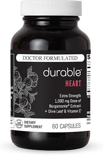 Durable Heart 1,000 mg Extracto de Bergamonte Citrus Bergamonte y hoja de olivo extra fuerte + vitamina C sin OMG, suplementos naturales para el