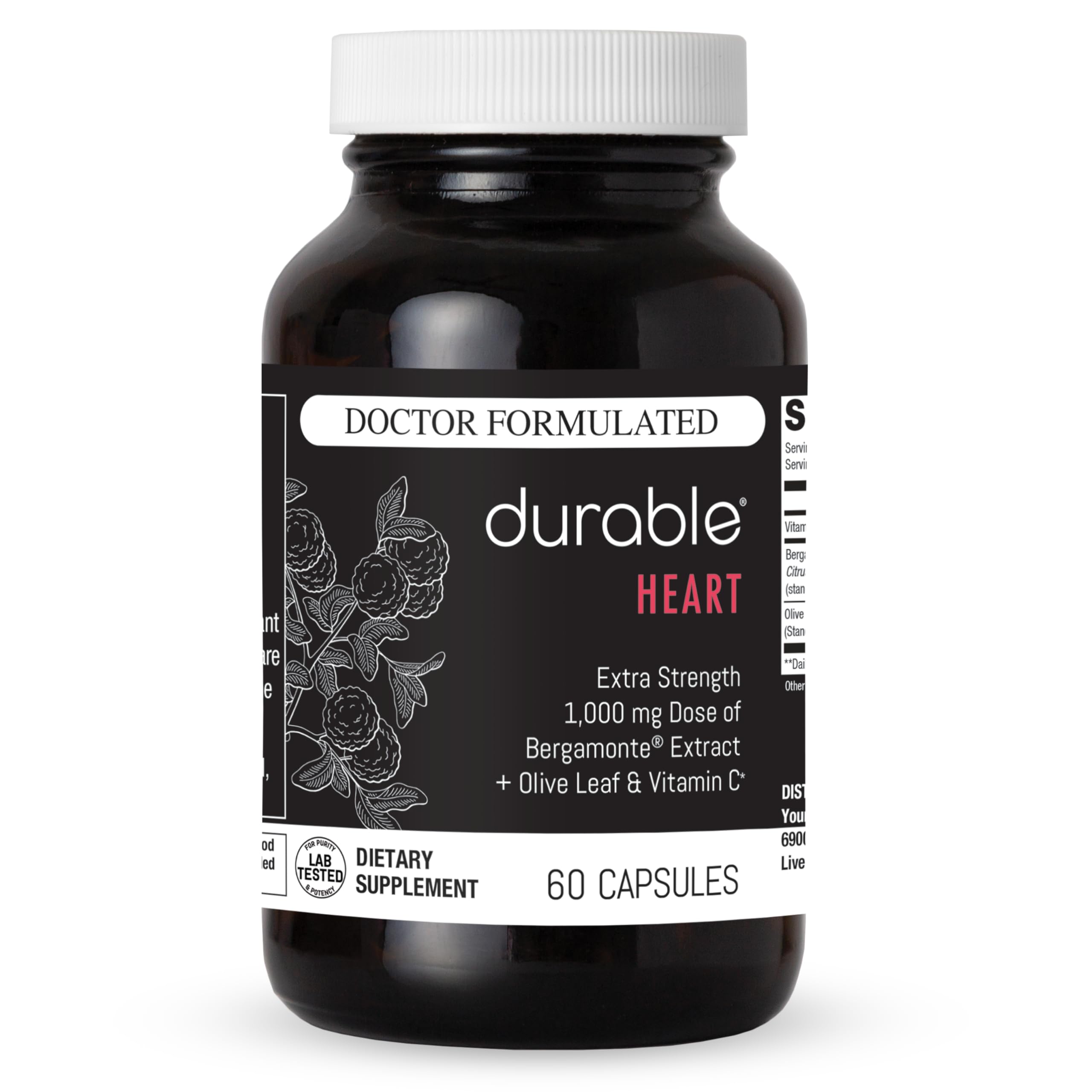Durable Heart – Bergamonte Citrus Bergamot 1,000 mg + Olive Leaf Extract + Vitamin C - Heart Health Supplement for Healthy Cholesterol - Doctor Formulated, Vegan, Non-GMO, Made in USA (60 Capsules)