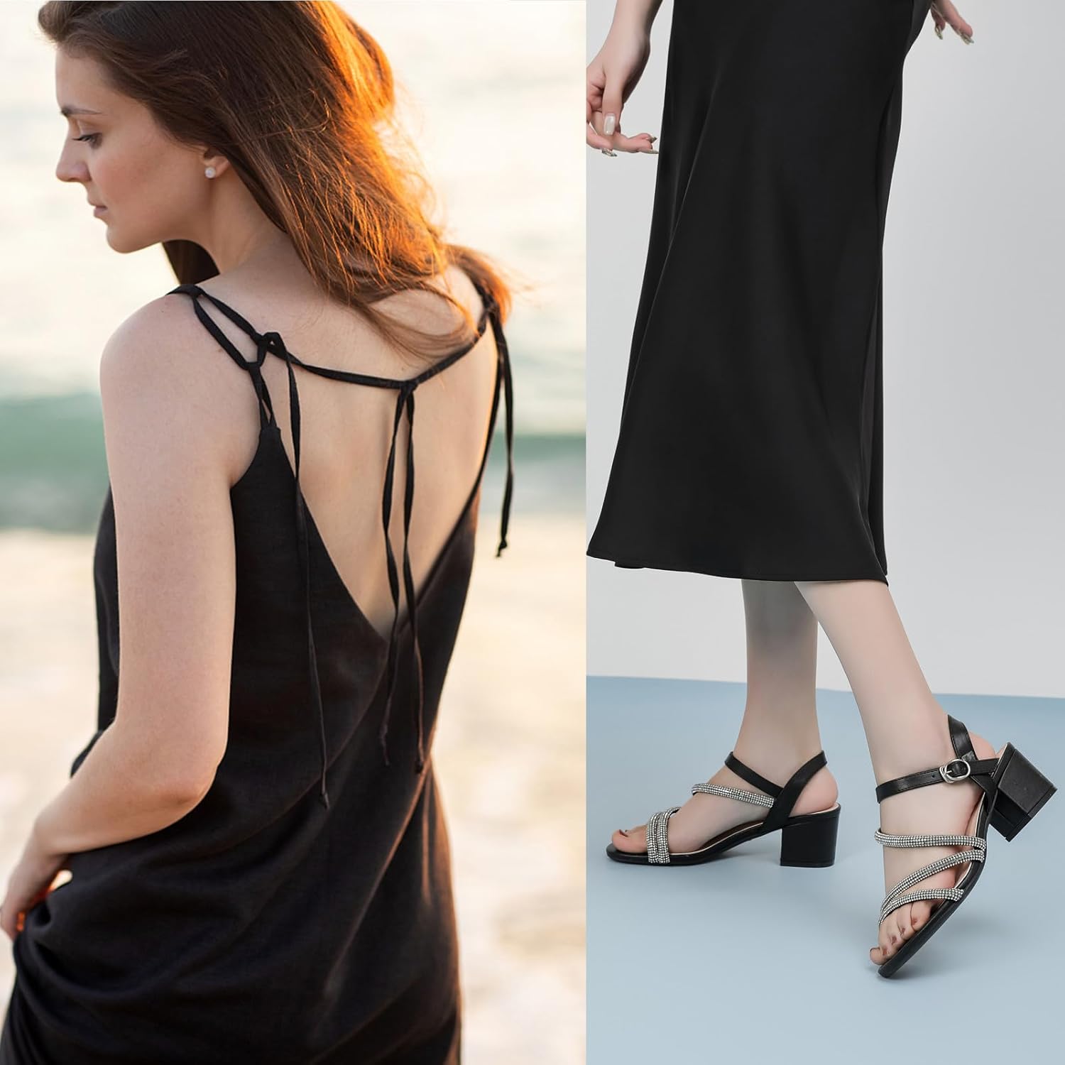 DADAWEN Women's Strappy Open Toe Rhinestone Low Block Chunky Heels Sandals Ankle Buckle Heeled Sandals Wedding Party Dress Pumps Shoes - Image 2