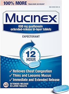 Mucinex 12 Hour Extended Release Tablets, 600 mg Guaifenesin Relieves Chest Congestion Caused by Excess Mucus, #1 Doctor Recommended OTC Expectorant, Blue, 40 Count