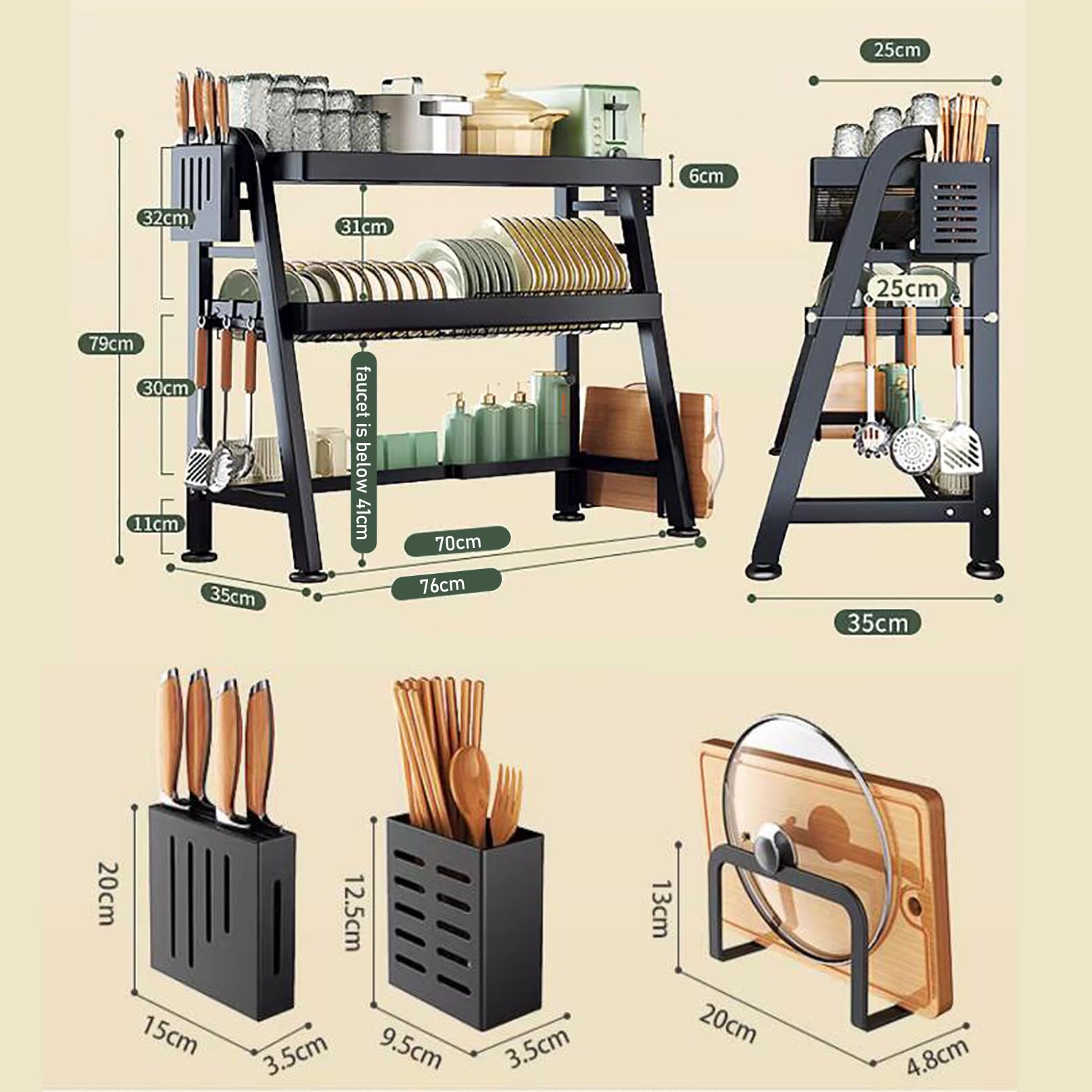 Escurridor de platos de 2 niveles sobre el fregadero, estante de cocina que ahorra espacio con estante, soporte para utensilios, cuchillo y soporte para tabla de cortar
