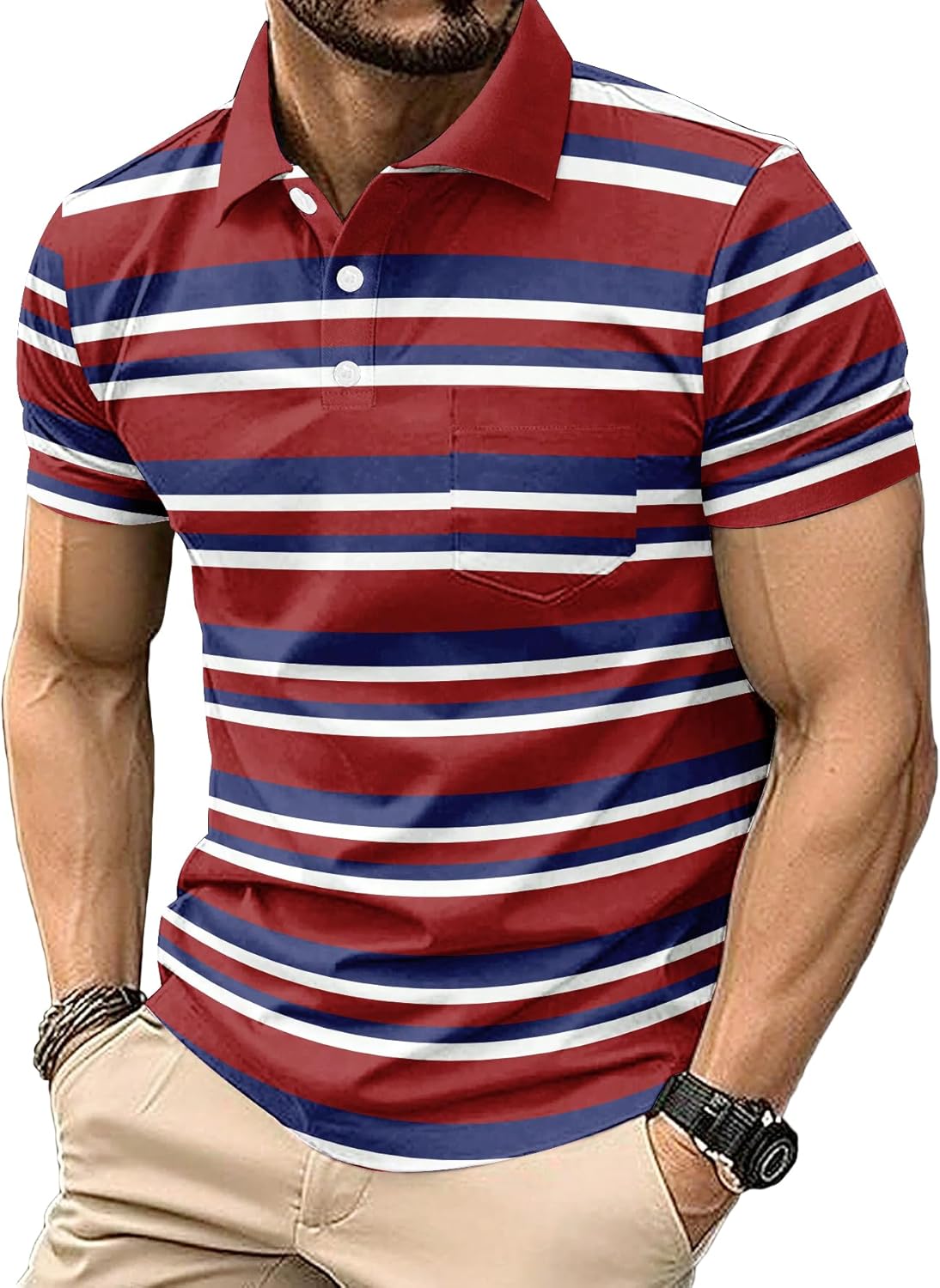 3 Pack Mens Striped Golf Shirt Moisture Wicking Quick-Dry Short Sleeve Casual Print Collared Golf Polo Shirts