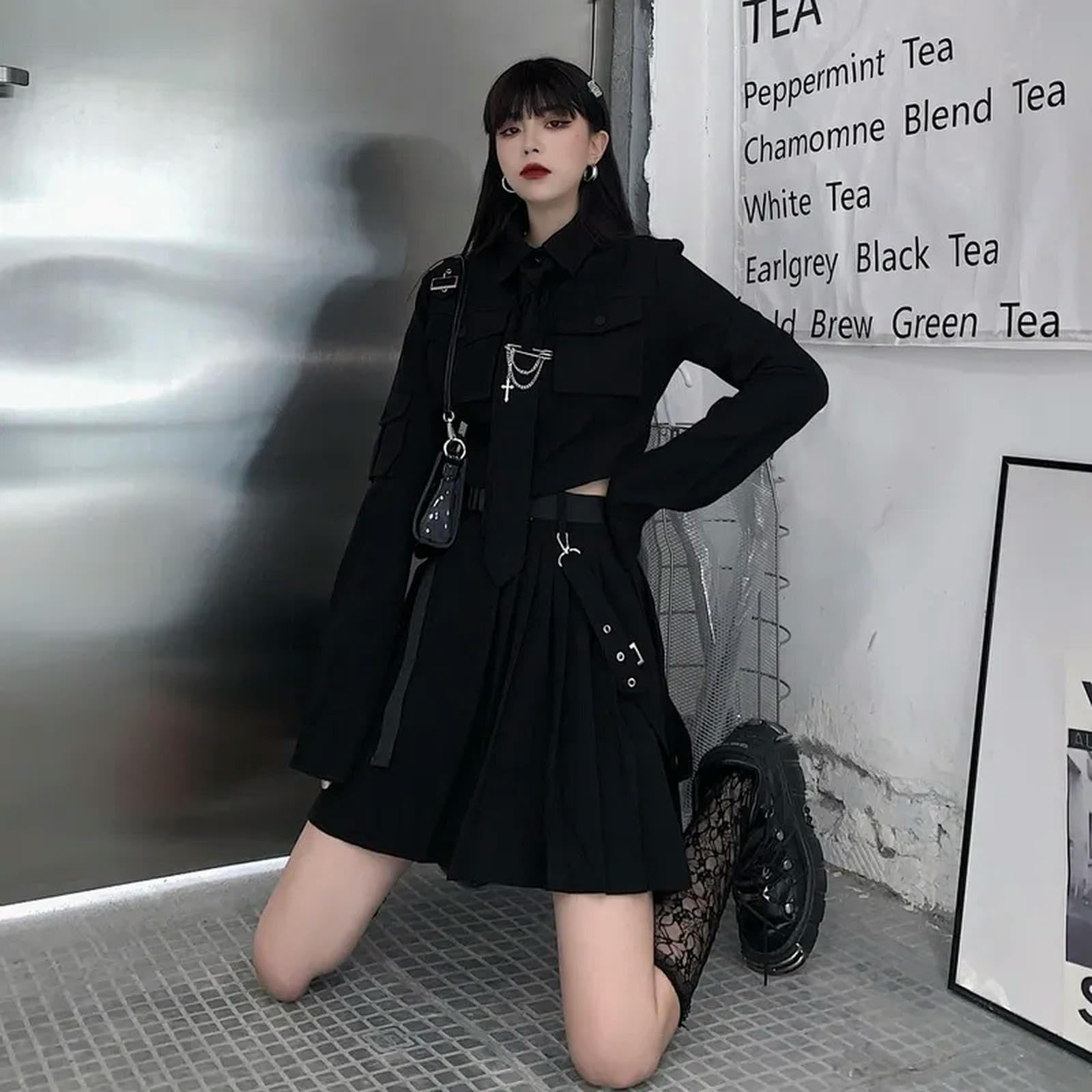 WEITING Gothic-Kleidung für Damen, Faltenrock, Langarm-Shirt, zweiteiliger Anzug, Harajuku, Vintage, koreanischer Punk-Stil, schwarzes Set, Kleid-zweiteiliger Anzug-XL