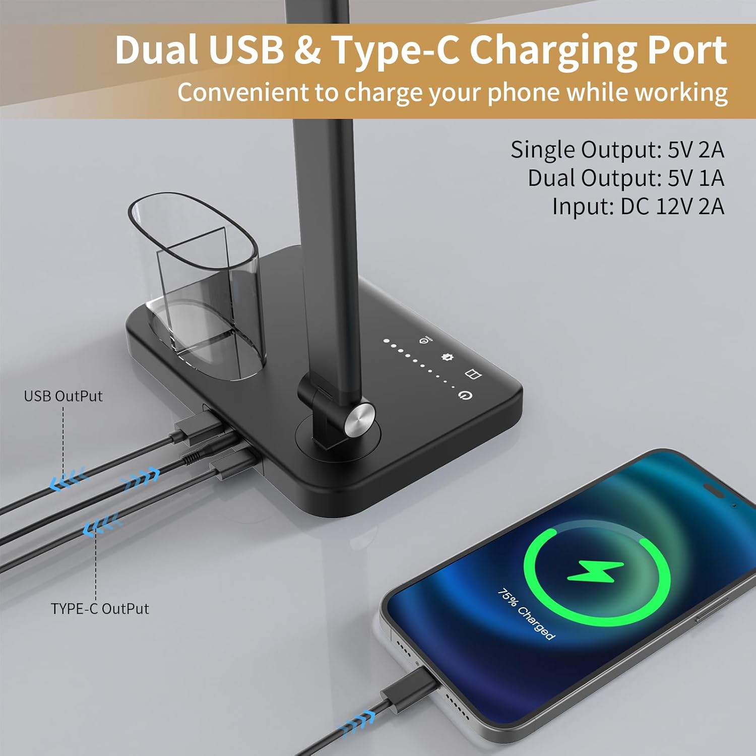 Woputne LED Desk Lamp, Dual Heads, Height Adjustable, USB Charging Port, 5 Light Modes & Dimmable Brightness, Bedside Lamp for Reading, Craft, Work, Study (Black, 15W)