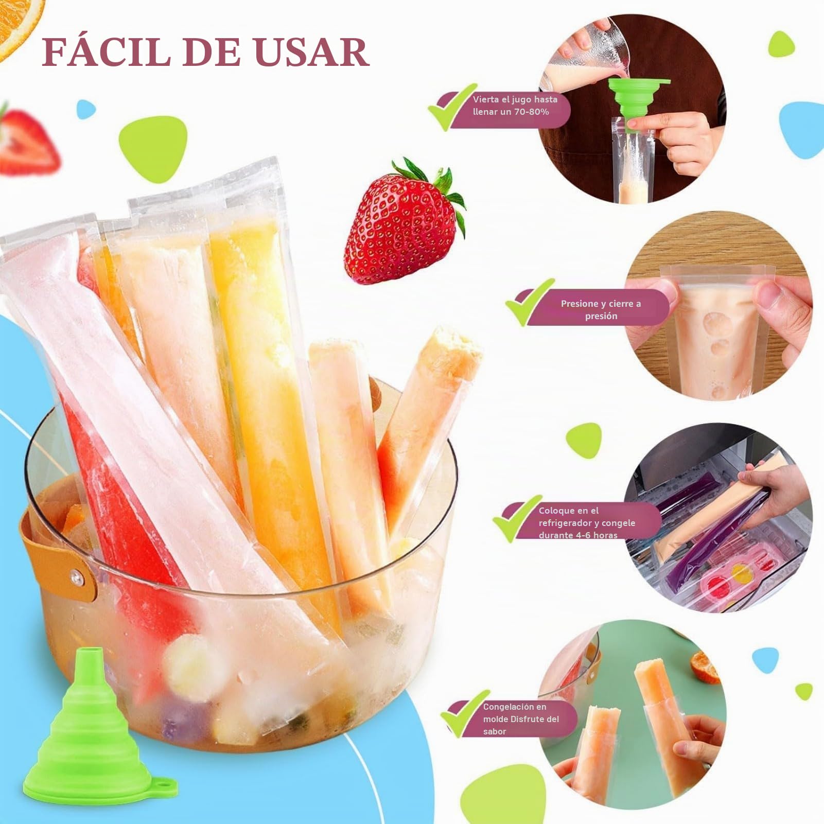 100 Pcs Bolsa Paletas de Hielo Desechable, Mold Bolsas Popsicle, Bolsas para Hacer Popsicles con Embudo, sin BPA, para DIY Saludables Yogur Batidos de Frutas Golosinas Pops