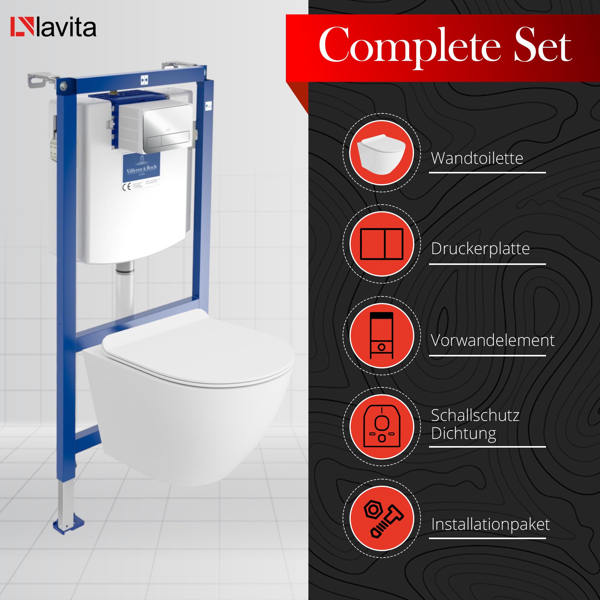 ViConnect H112 - Inodoro empotrado con placa de control + pared colgante profundo para inodoro Sofi Slim blanco mate sin bordes, juego completo, cisterna empotrada, inodoro completo