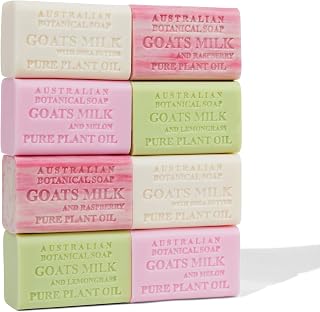 Australian Botanical Soap Goat Milk Soap Collection, 6.6 oz Bars, Goats Milk with Shea, Pink Melon, Lemongrass, and Raspberry, Enriched with African Shea Butter, 2 Bars of Each - Variety Pack of 8