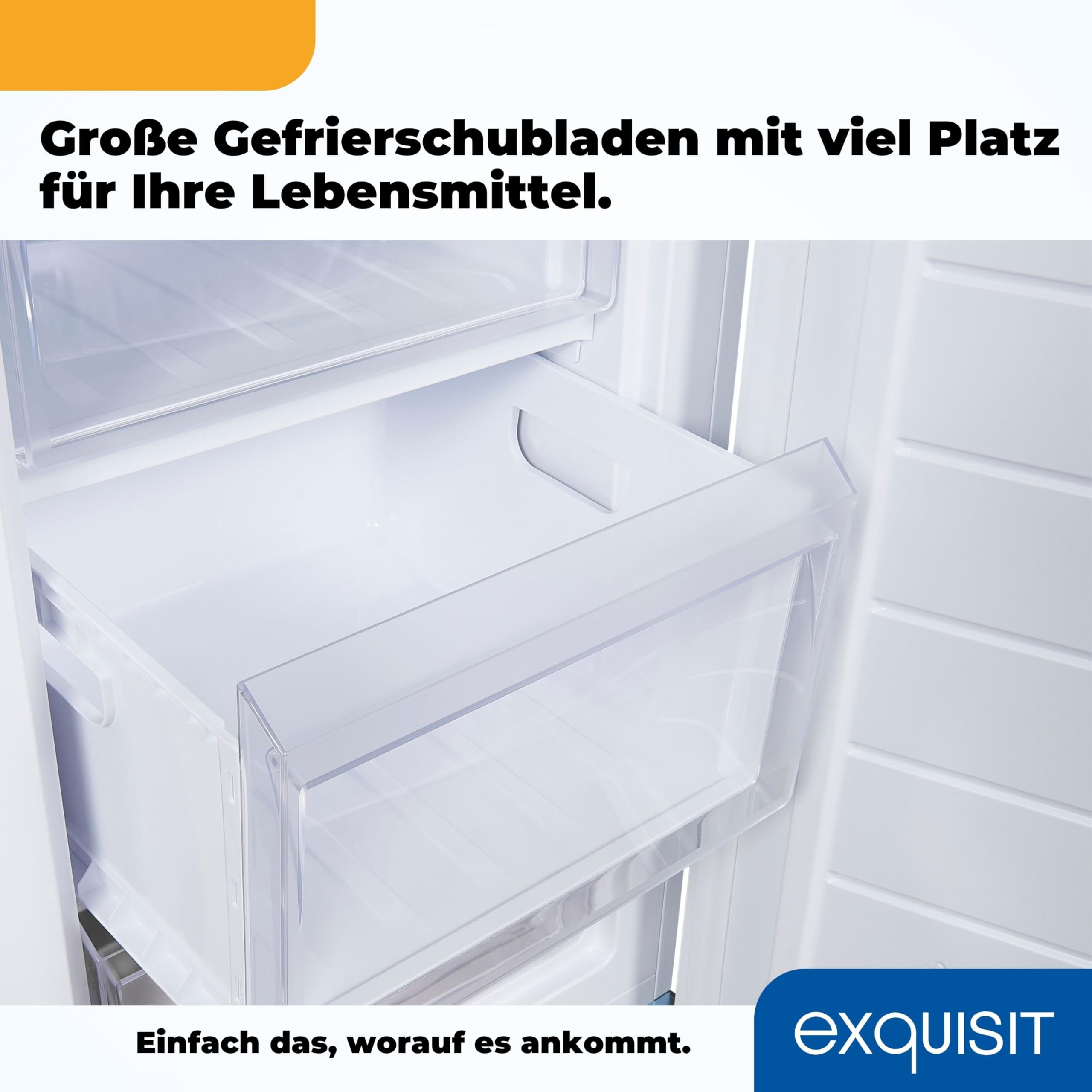 Exquisit GS81-040D Gefrierschrank - Standgerät mit 87 l Nutzinhalt | Weißer Tiefkühlschrank in Energieeffizienz E mit 3 transparenten Gefrierschubladen und wechselbarem Türanschlag
