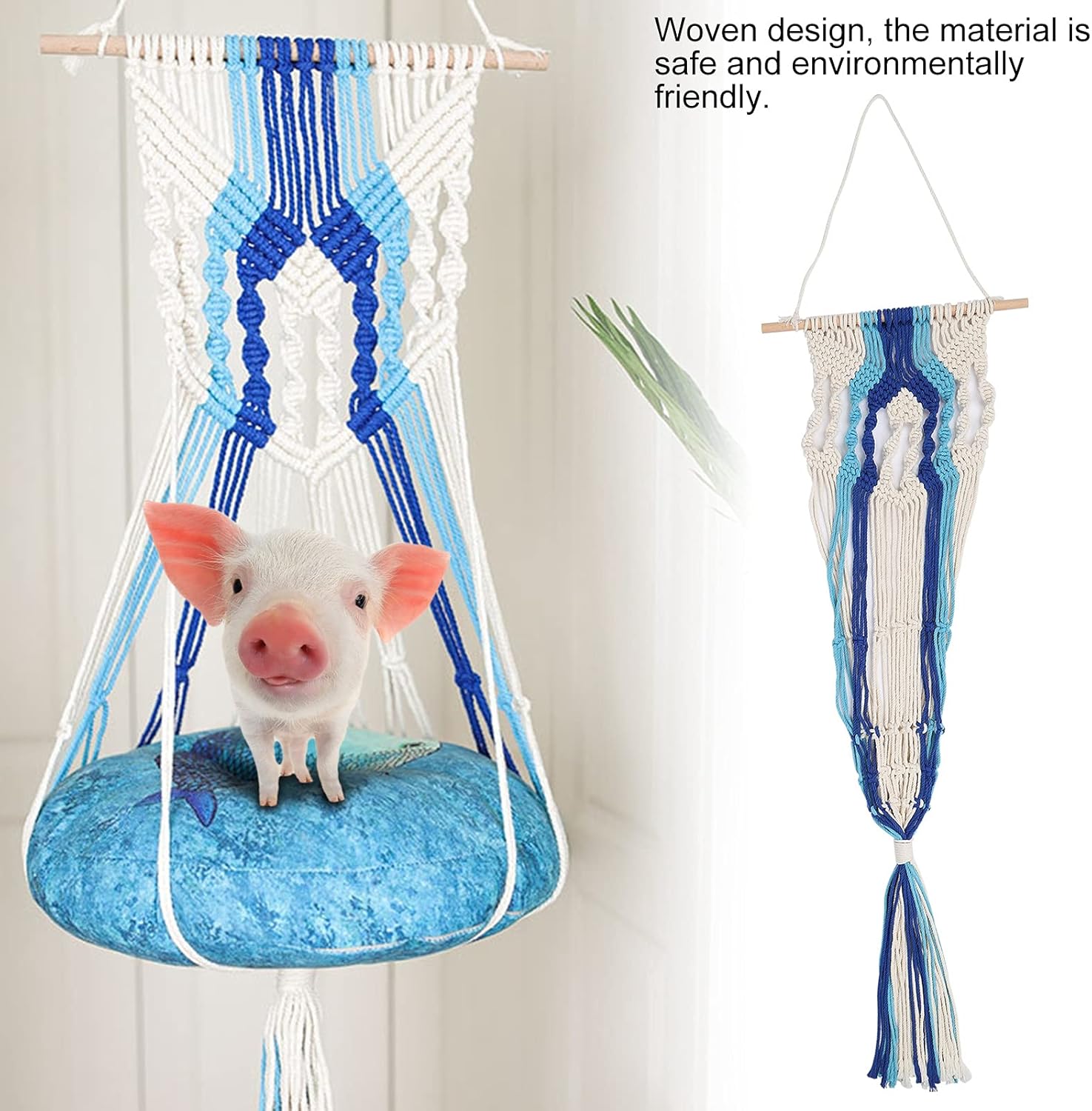 Pet Hanging Basket, Model C 4 Handwoven Cotton Rope Hammock with Horizontal Rod, Cat and Mini Pig Swing Bed