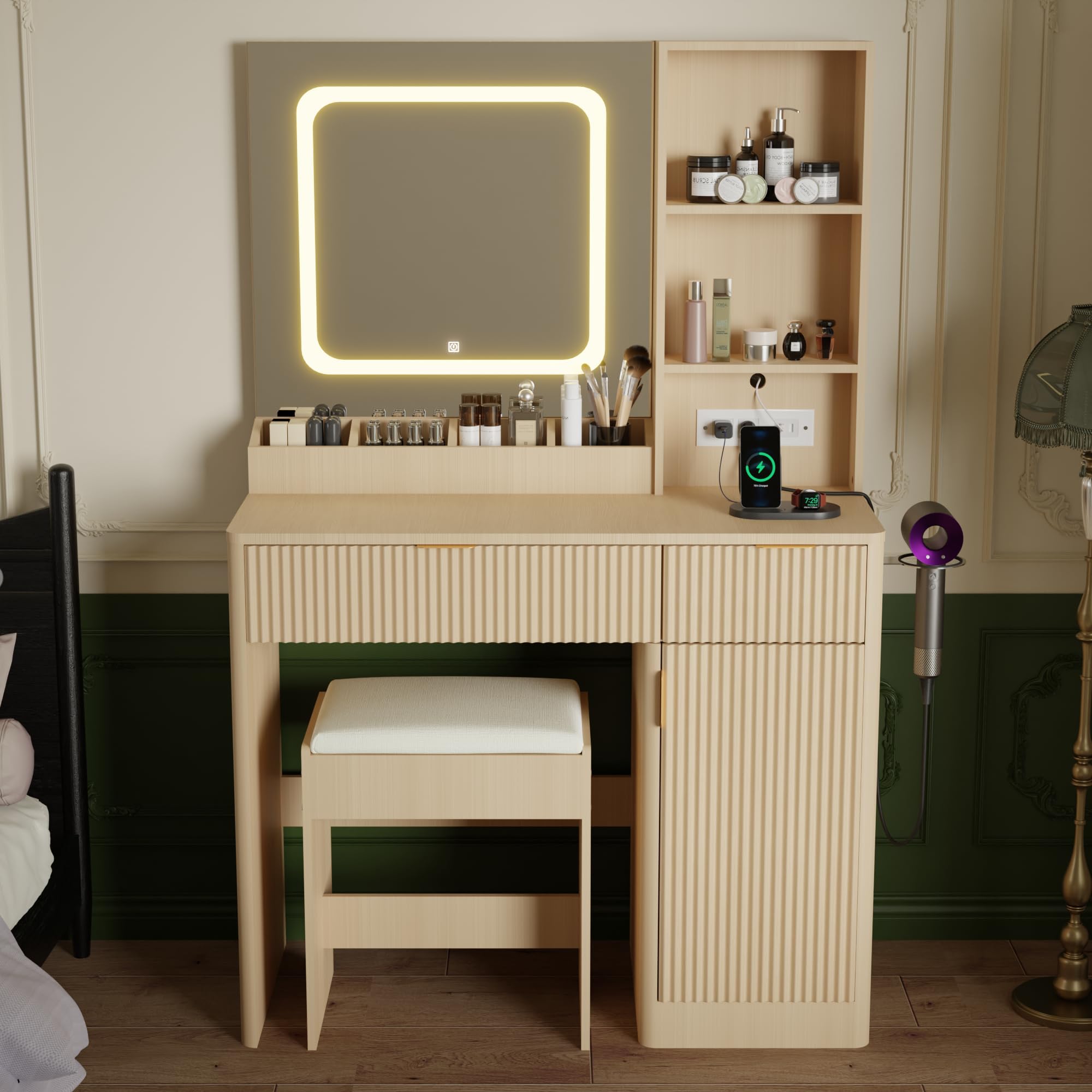 - All-in-One Makeup Vanity with Dimmable 3-Color LED Mirror, Power Outlet & Hair Dryer Rack, Wooden Dressing Table with 2 Drawers and Stool Set for Bedroom Dorm,Oak