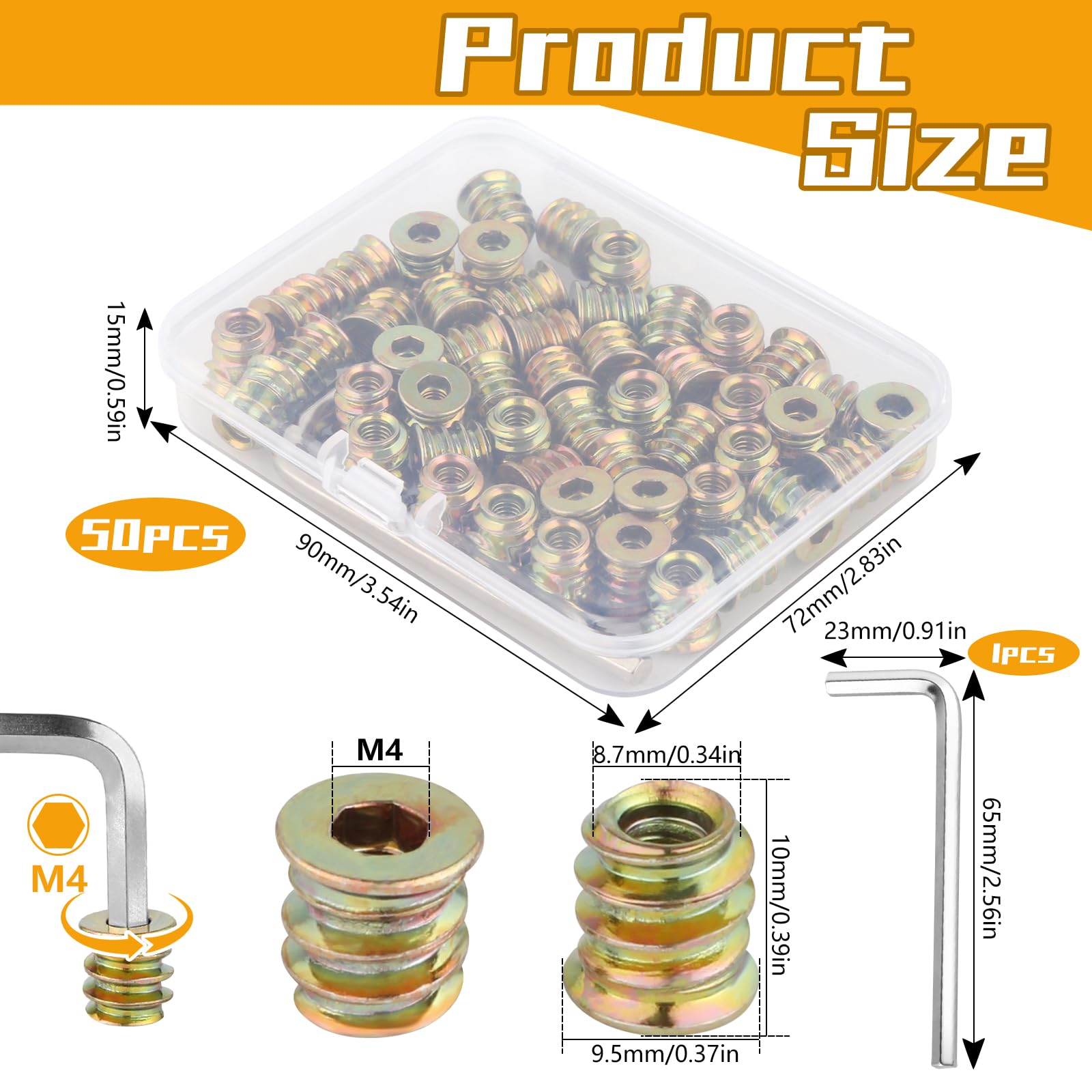 50 Pezzi Boccole Filettate per Legno, M4 x 10mm Inserti Filettati per Legno con Chiave Esagonale, Inserto Filettato in Acciaio Al Carbonio Zincato, Rivetti Filettatis per Mobili in Legnos Assortimento