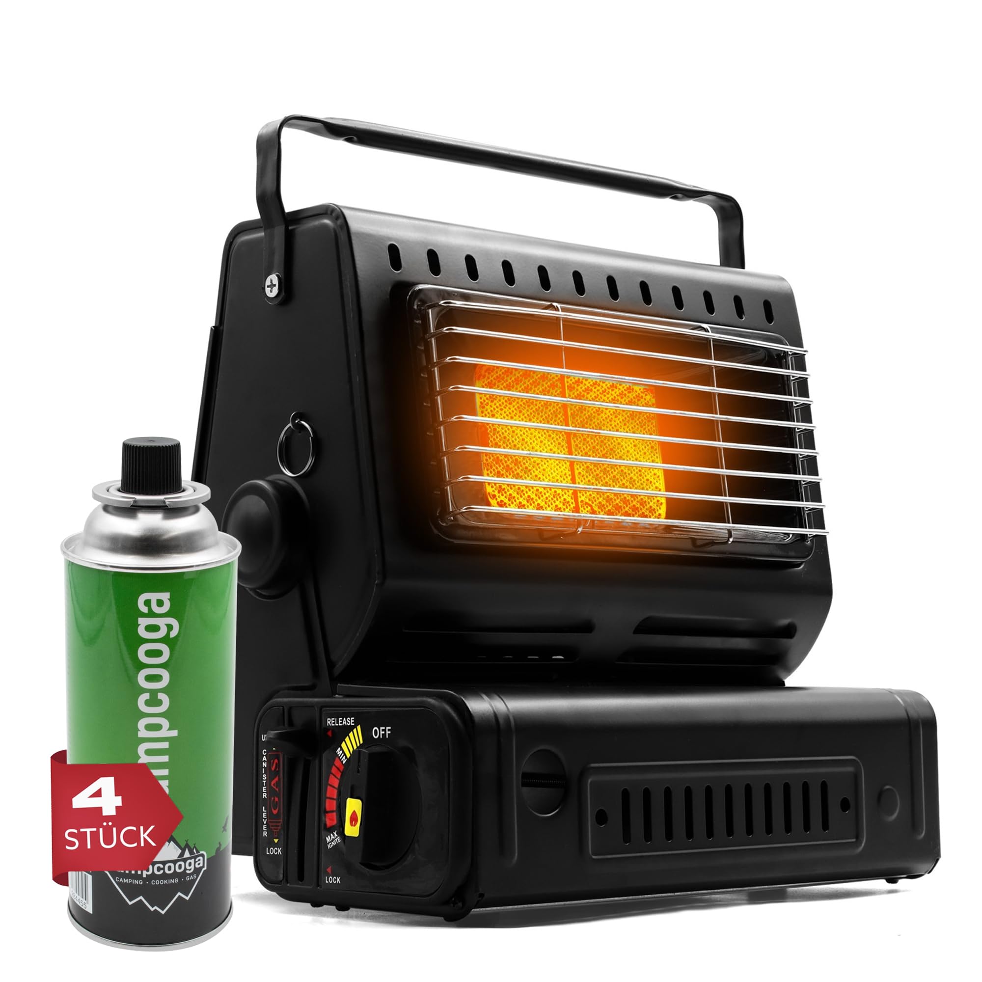 Campingheizung 1300 Watt, 2 in1 - Gasheizung & Campingkocher/Gaskartusche, Zeltheizung, Heizstrahler mit MSF-1a Gaskartuschen (Gasheizung + 4 Gaskartuschen (Butan)