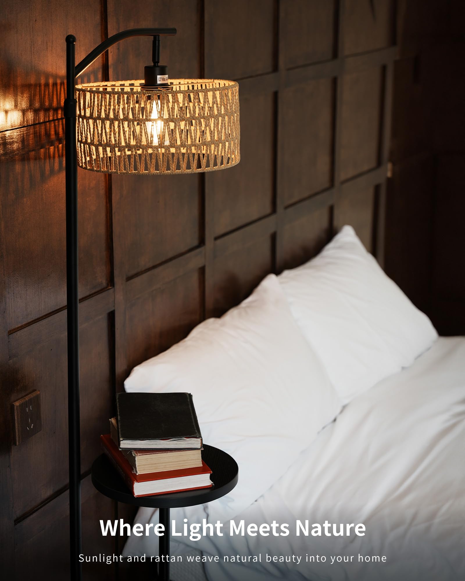 Lampadaire Vintage avec Étagères Noir Métal Rotin Boho Hauteur réglable 152-176cm Douille E27 Câble 2m
