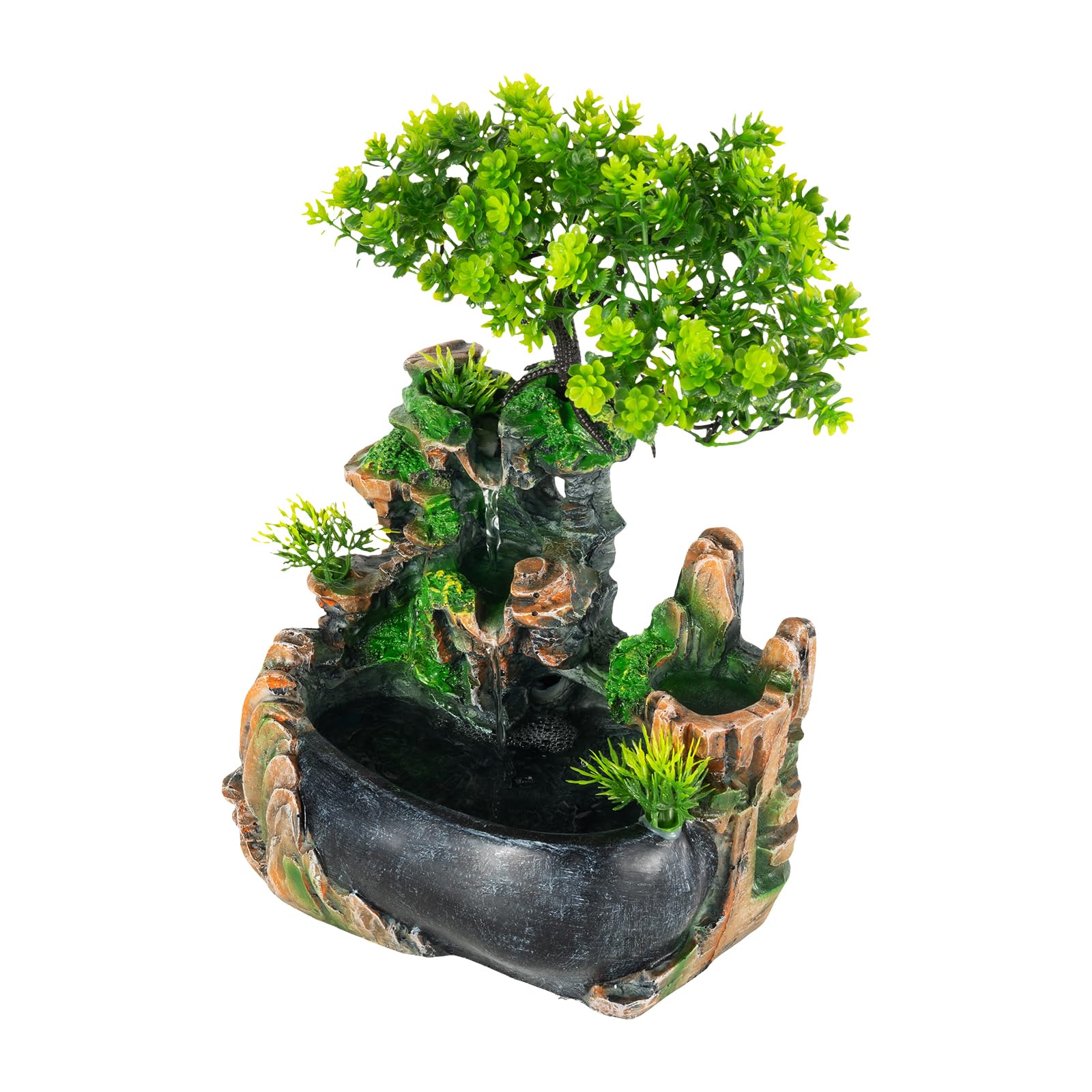 Fontaine d'intérieur avec éclairage LED Fontaine de Table Salon Bureau Cascade Desktop Bonsai Ornament Fontaine Table Cascade Fontaine de Bureau avec Plantes Décoration (sans Brouillard)