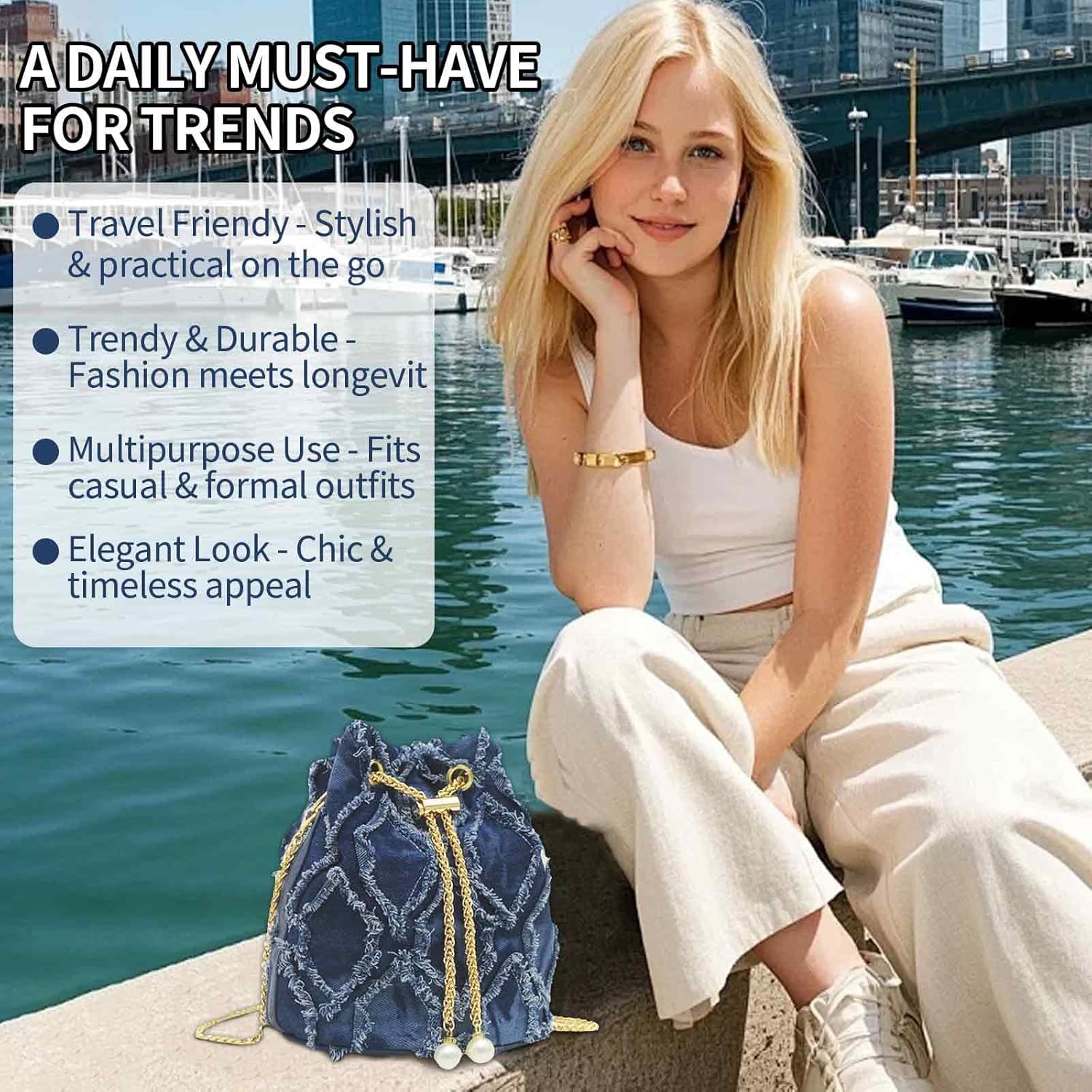 Blue Denim Purses for Women, Jean Bucket Bags, Crossbody Hobo Drawstring Handbag - Image 5