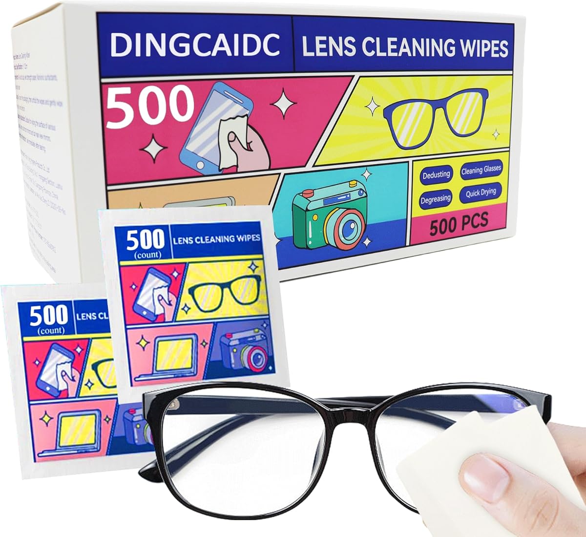 Lens Wipes for Eyeglasses 500 Count, Gentle and Portable Pre-moistened Individually Wrapped Wipes for Glasses, Cameras, Electronic Product Screens