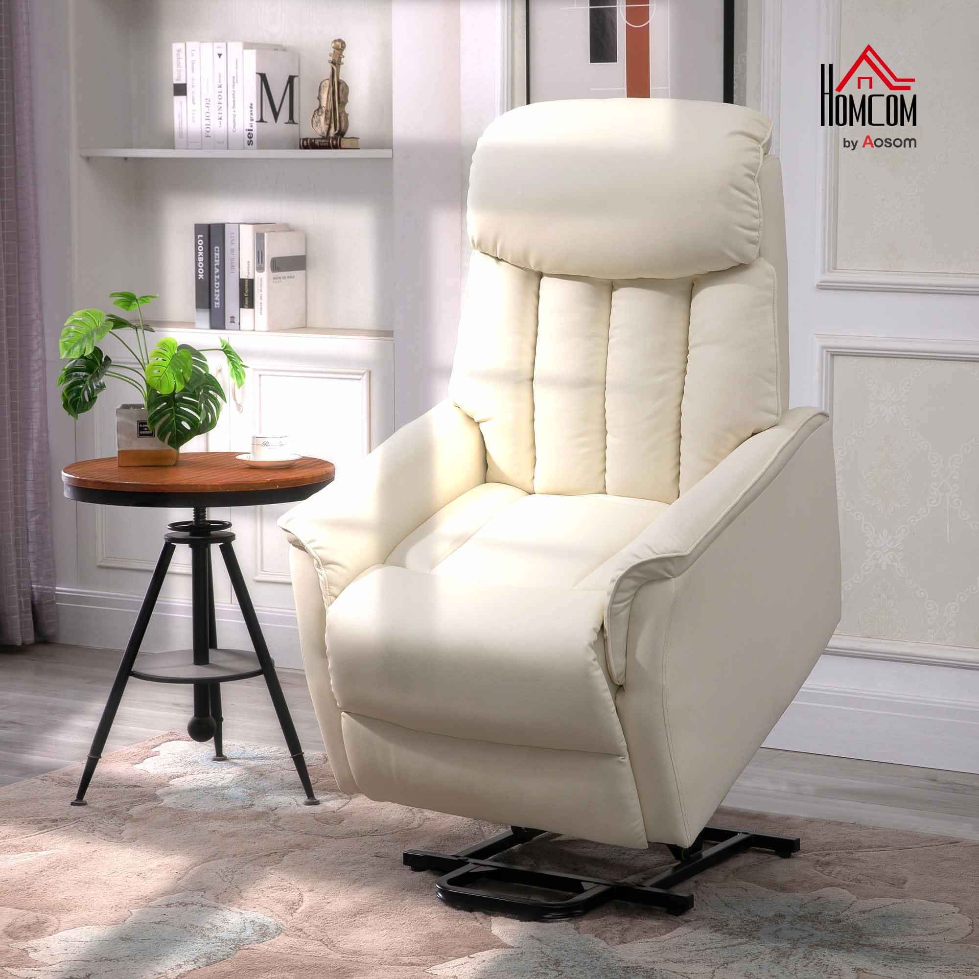 HOMCOM Poltrona Elettrica Alzapersone Reclinabile 145°, Poltrona Relax Elettrica in Pelle PU con Telecomando, Tasche Laterali e Poggiapiedi Integrato, Crema