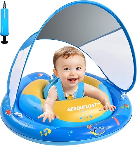 Flotador de natación para bebé, diseño antivuelco, flotadores extra anchos para bebés de 6 a 12 meses, flotador de piscina infantil y toldo de
