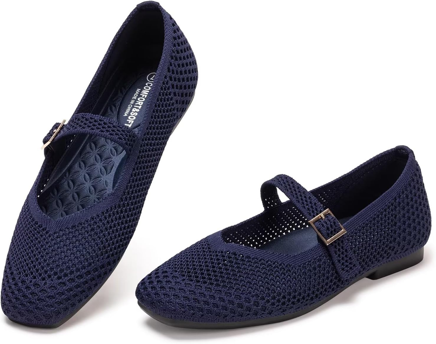 Frank Mully Womens Casual Flat Shoes Square Toe Shoes Knitted Mesh Flat Comfort Work Flat Shoes for Daily Washable - Image 2