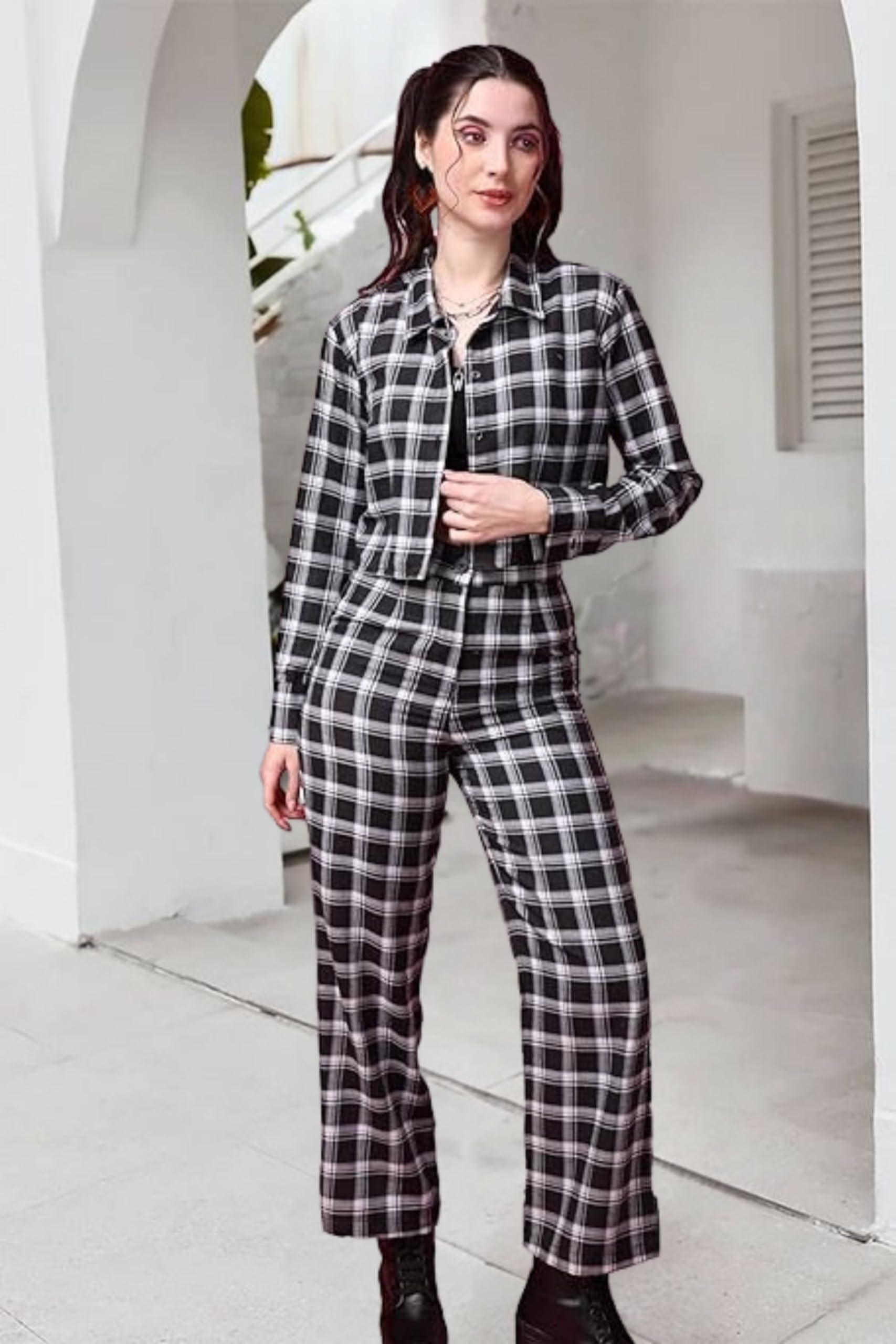 Popwings Casual Checks Print Crop Shirt And Trouser Co-Ord Set For Women | Shirt And Pant Co-Ord Set For Women | Full Sleeves Co-Ord Set For Women | Western 2 Piece Set For Women Black
