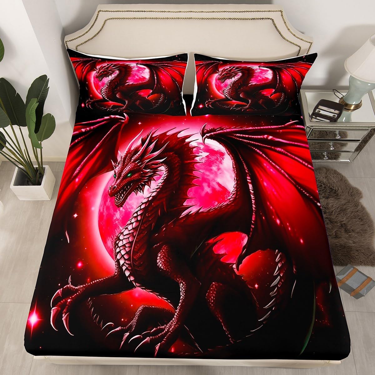 Dragon Fitted Sheet Twin Size,Starry Sky Moon Night Bedding Set for Kids Boys Teens Women Bedroom Decor,3D Animals Bed Sheet Western Dragon Black Red Deep Pocket Sheet,1 Pillowcase