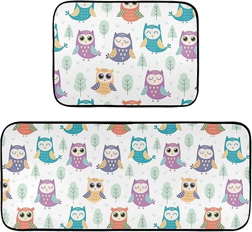 Juego de 2 tapetes de cocina con diseño de búhos, antifatiga, para piso, antideslizante, acolchado, tapete de pie para cocina, baño, pasillo,