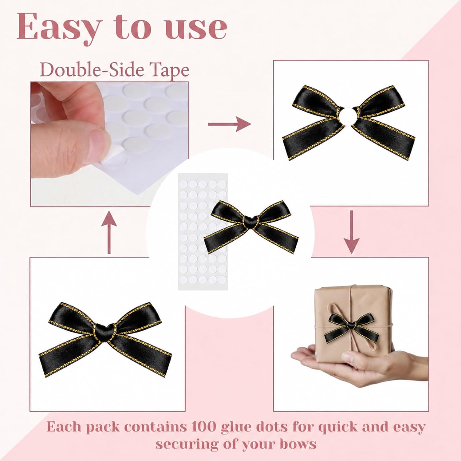 100PCS Small Black Bows for Balloons Mini Black Bows with Gold Trim