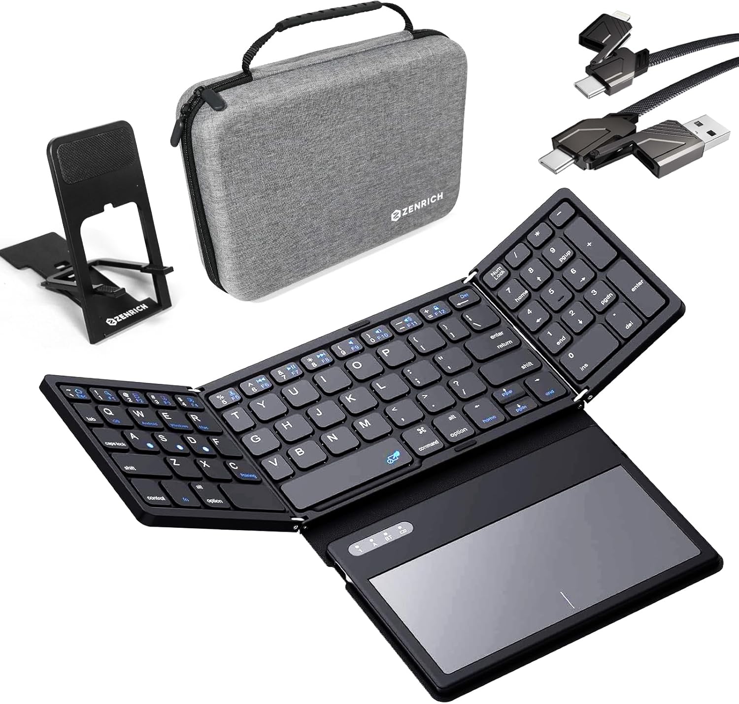 ZenRich Travel Essentials/Travel Gifts Foldable Bluetooth Keyboard with Touchpad, Electronic Organizer Travel Case, Phone Stand,4 in 1 Multi Charging Cable/Type C/USB A Port for iPhone iPad Samsung