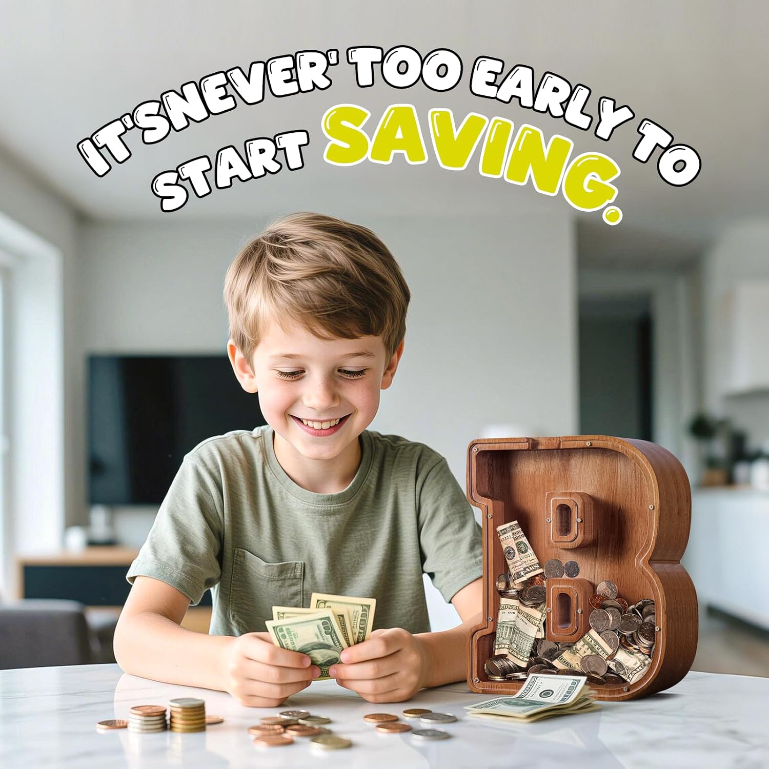 ELX Large Letter Piggy Bank for Kids Boys, Personalized Wooden Money Bank, Safe & Durable Savings Box for Toddlers Girls, Gifts for Birthday Holiday Christmas image 2