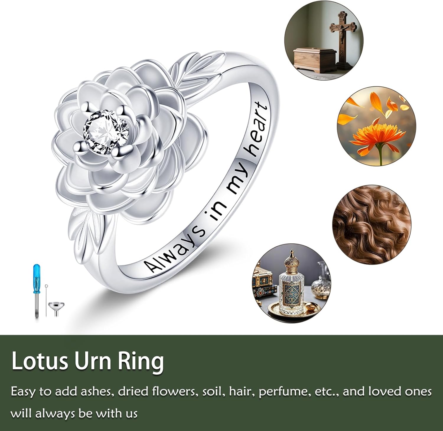 Lotus Urn Ring for Ashes 925 Sterling Silver Flower Memorial Keepsake Ring Always in My Heart Cremation Rings Jewelry Gifts for Women Men - Image 5
