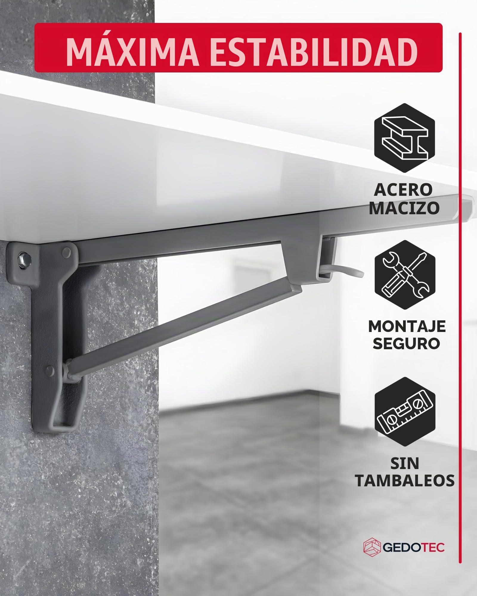 Gedotec Consola plegable para cargas pesadas de 150 kg, soporte estable para estanterías de 680 mm, de acero resistente, plegable para taller, mesa de pared y montaje en pared, soporte para
