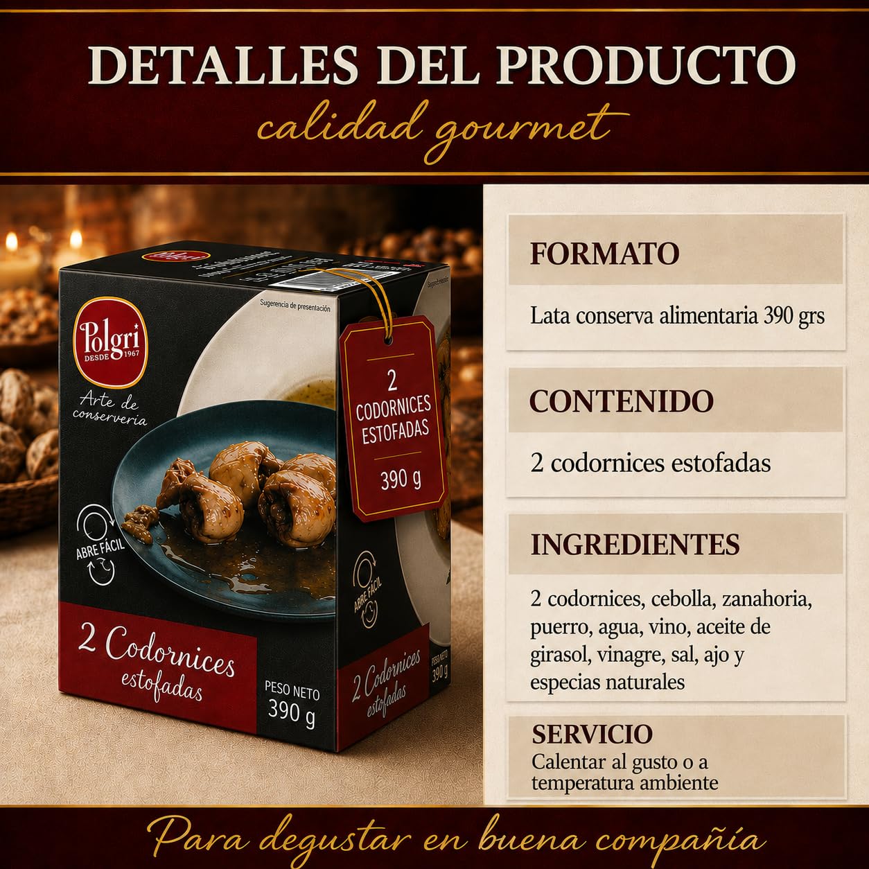 POLGRI Codornices Estofadas Toledana 390 g Lata Estuchada Conserva de Caza Comida Gourmet