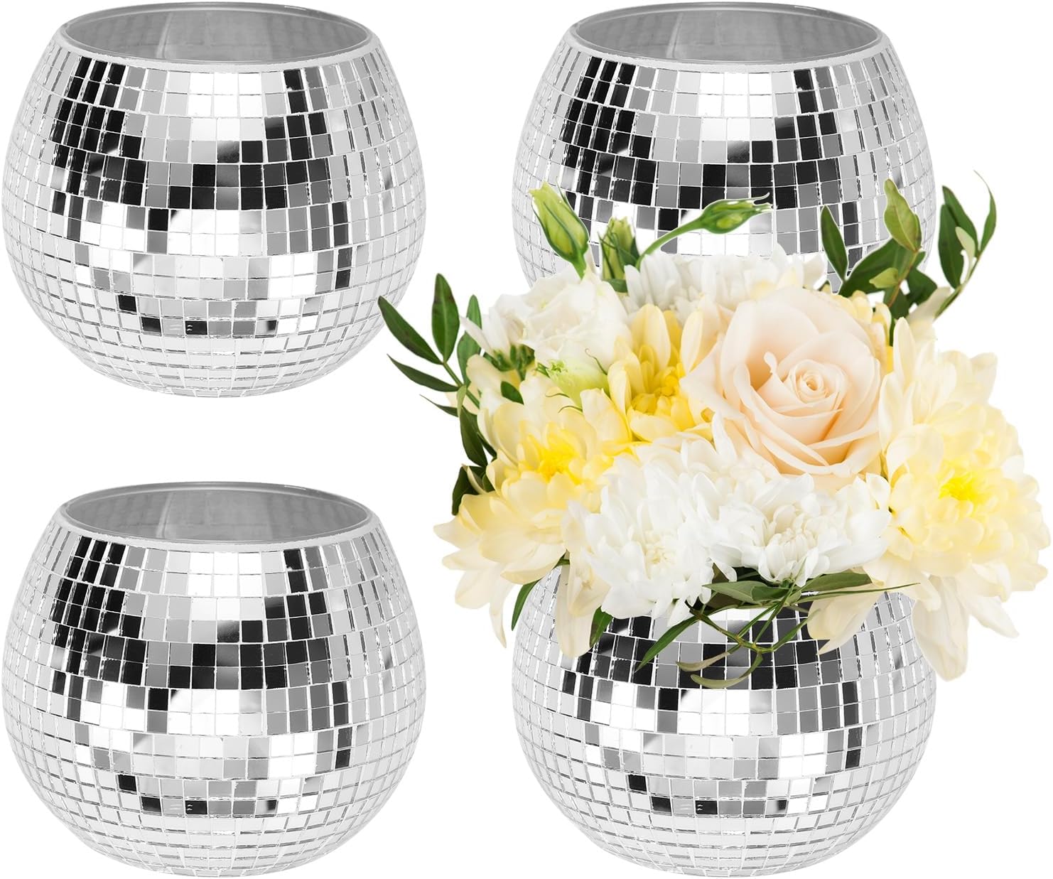Disco Ball Vase, 4Pcs Glass Disco Ball Planter for Flowers 4"x3" Silver Mirrored Mosaic Flower Vase Bulk Candle Holder Diffuser for Table Centerpieces Decor Home Wedding