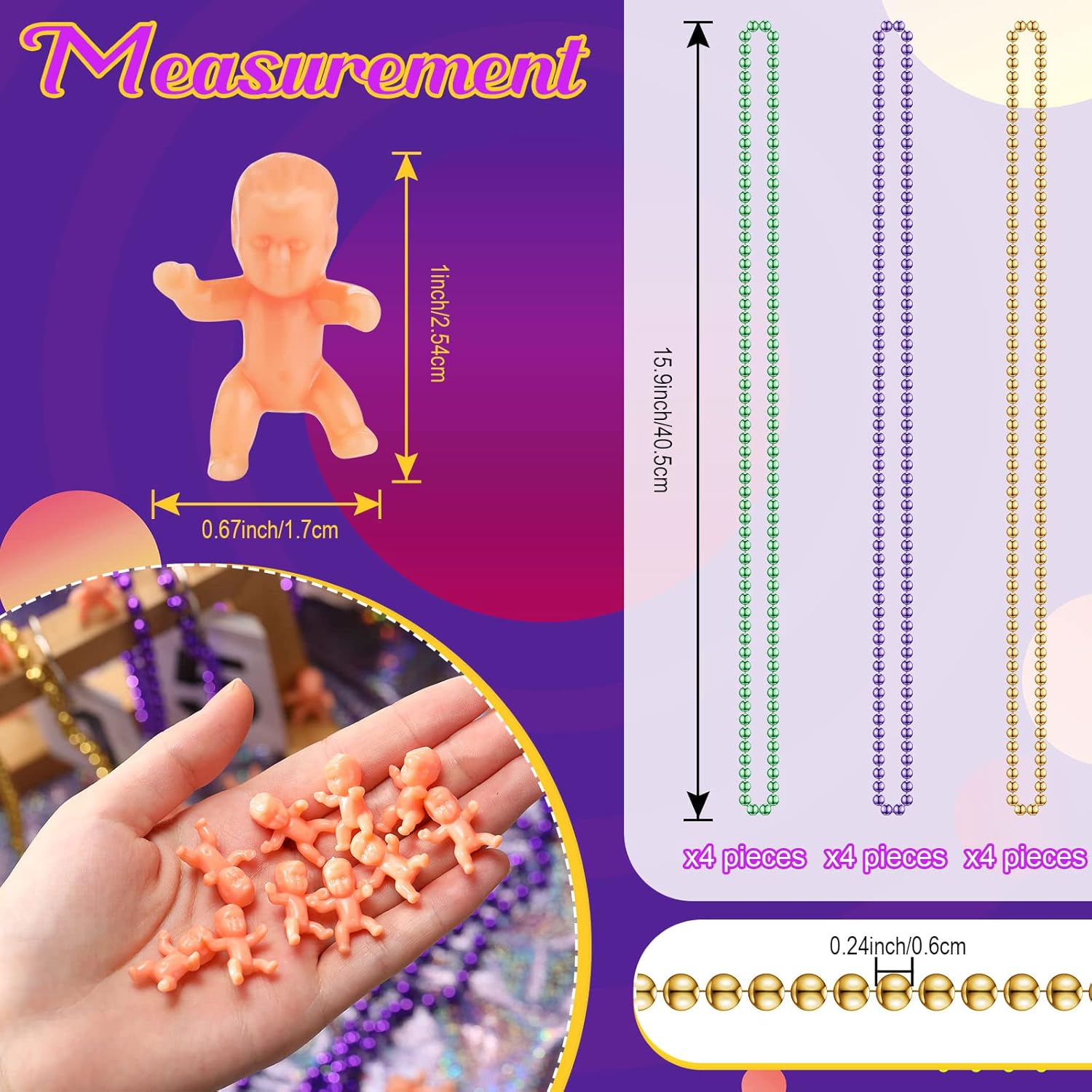 60 Pieces Mardi Gras King Cake Babies Mini Plastic Babies King Cake Baby with 12 Pieces Mardi Gras Assorted Beaded Necklace Mardi Gras Beads for Baking Baby Shower Events and Party Favor Novelty