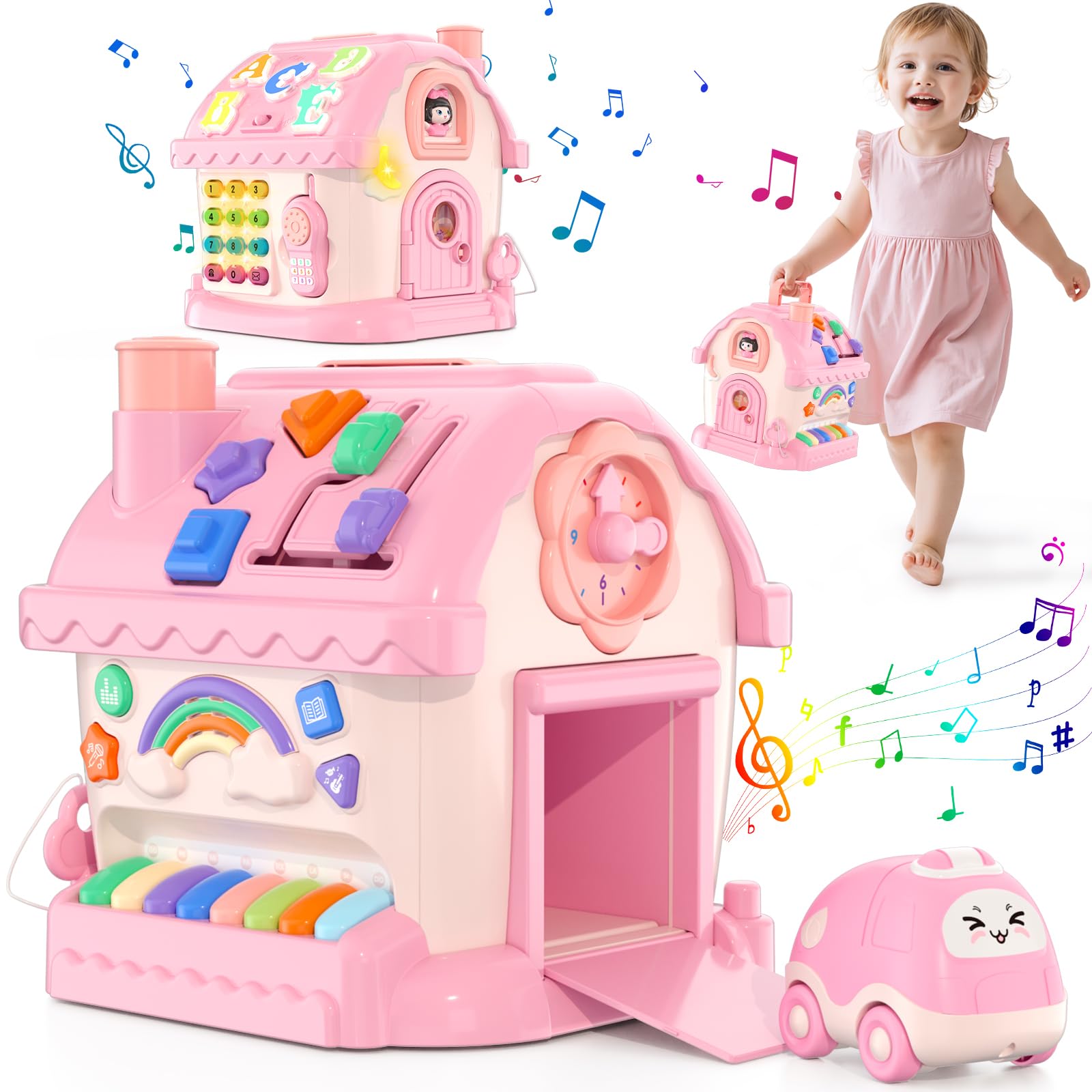 HYES Juguetes para bebé niñas de 1 año, Juguete Montessori, 8 en 1 multifunción casa con música/Coche/Reloj/teléfono/luz, Musical sensorial Juguetes Regalos para bebé de 1-2 años