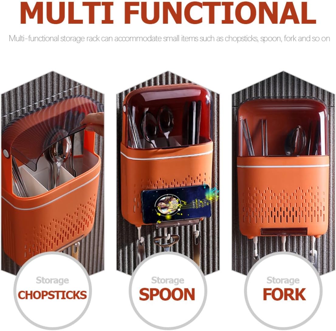 Tofficu Wall Mounted Cutlery Storage Organizer with Lid, Plastic Kitchen Utensil Holder Drain Rack, No Punch Installation, Orange Cover for Home Kitchen Countertop