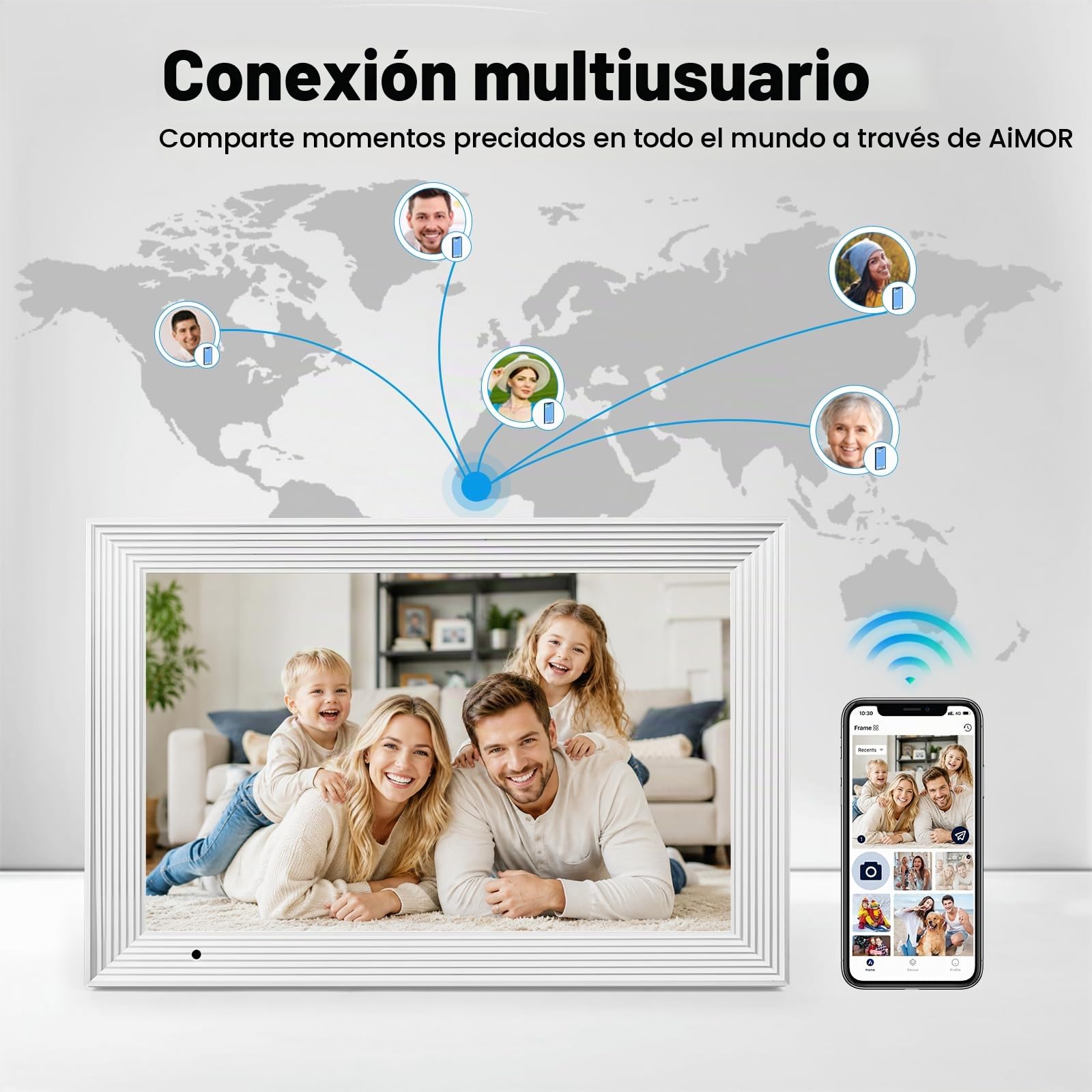 AEEZO Marco Digital de 32 GB, Marco Fotos de Digital con WiFi de 10,1″, Marco Digital con Rotación Automática, Fácil y Rápido Intercambio Remoto de Fotos y Vídeos a Través de AiMOR (Blanco a Rayas)