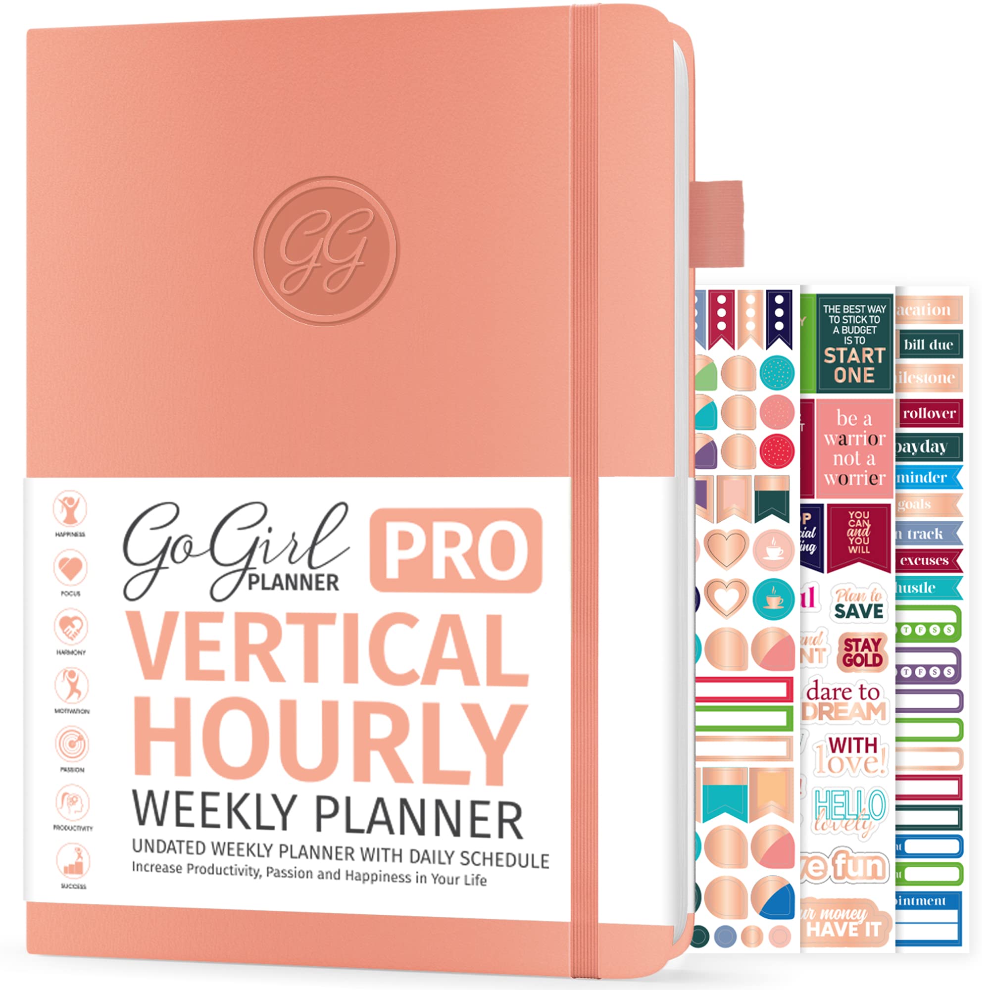 GoGirl Planner PRO Schedule - Undated Planner with Hourly Time Slots, Monthly, Weekly & Daily Organizer, Appointment Book for time Management, 7"x10" Hardcover, Lasts 1 Year - Peach Pink