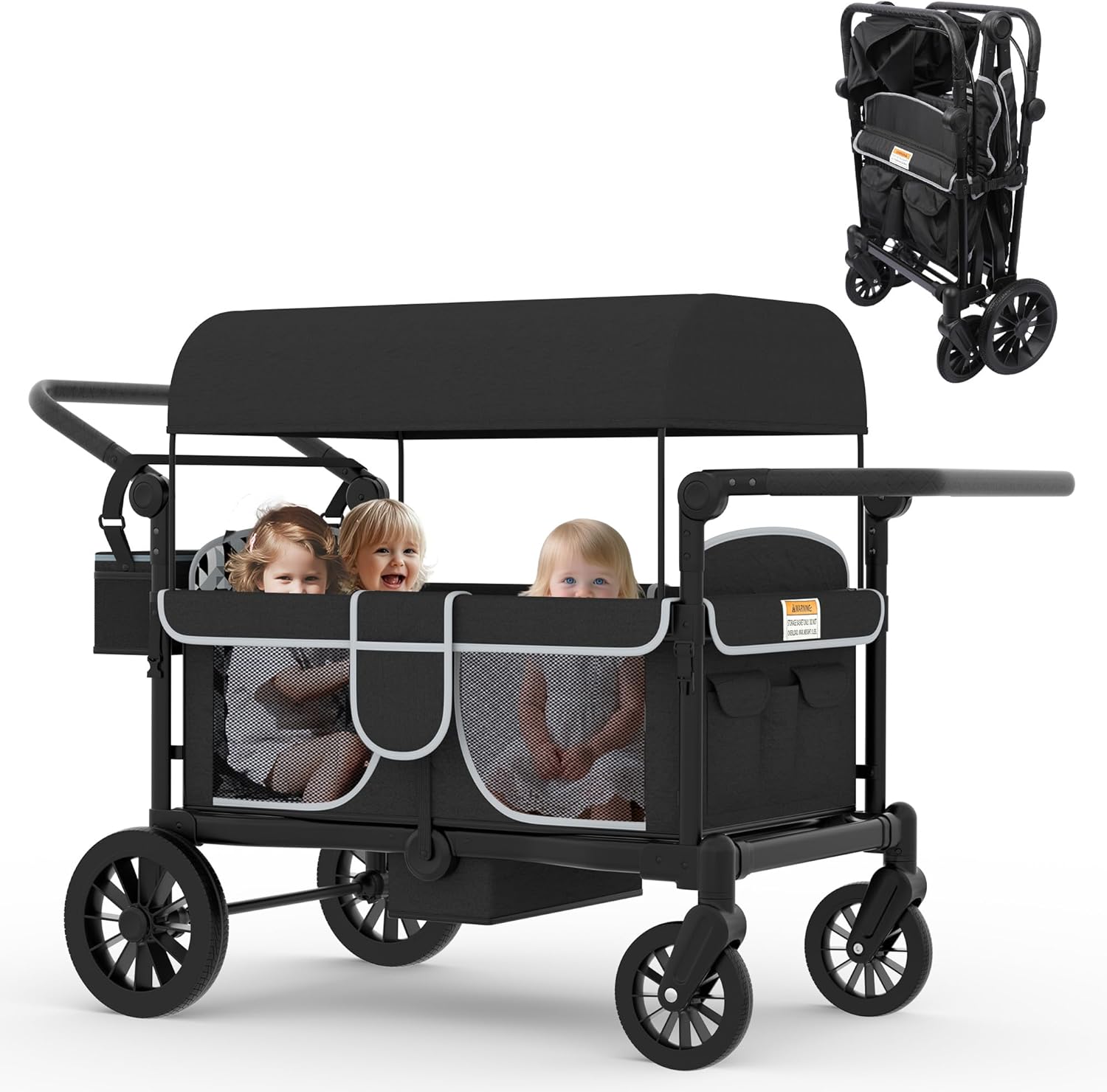 Xilingol 4-Seater Wagon Stroller for Kids, Foldable Outdoor Wagon with Canopy, Adjustable Handle, 5-Point Harness, Detachable Tray & Carry Bag (Black)