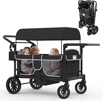 Xilingol 4-Seater Wagon Stroller for Kids, Foldable Outdoor Wagon with Canopy, Adjustable Handle, 5-Point Harness, Detachable Tray & Carry Bag Black