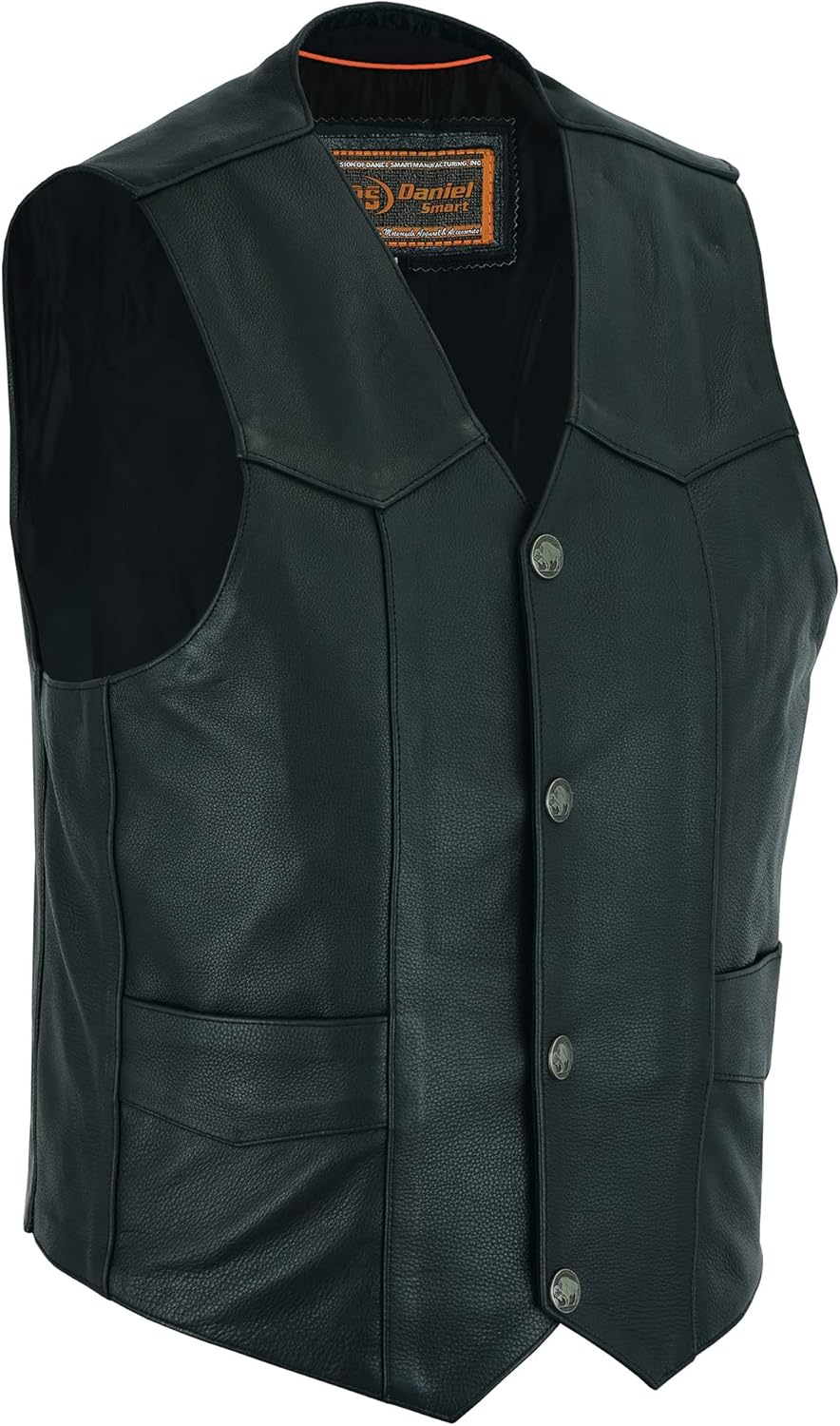 Daniel Smart Leather Motorcycle Vest Premium Cowhide Biker Vest for Men with Unique V-Shaped Neck Design & Armory Pockets