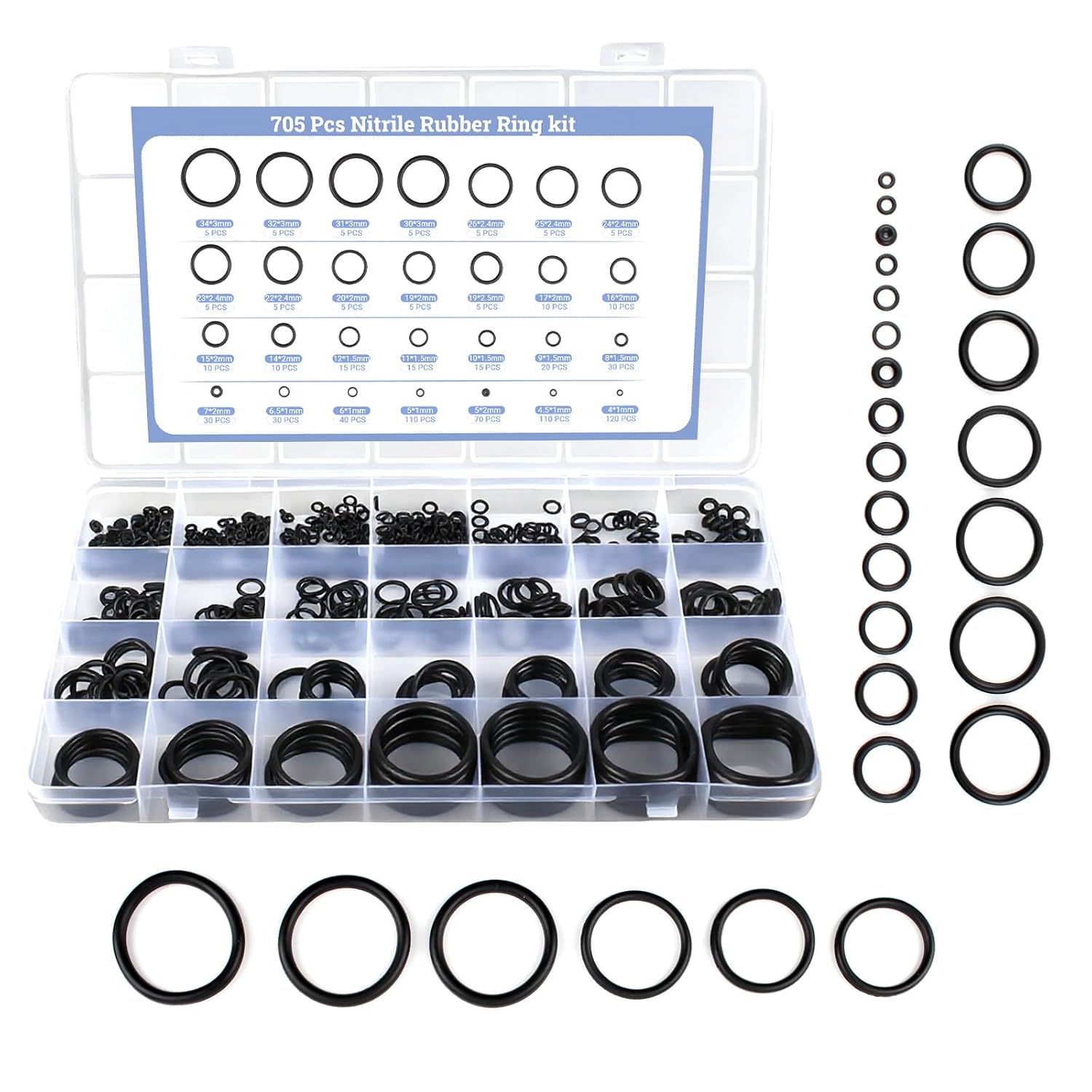 QKP 705Pcs O Ring Kit, 28 Sizes Metric Nitrile Black Rubber O Rings, Oil and High-Temperature Resistant, for Automotive Repairs, Pipe Connections, tap Pipe Sealing, and Air or Gas Sealed Connections