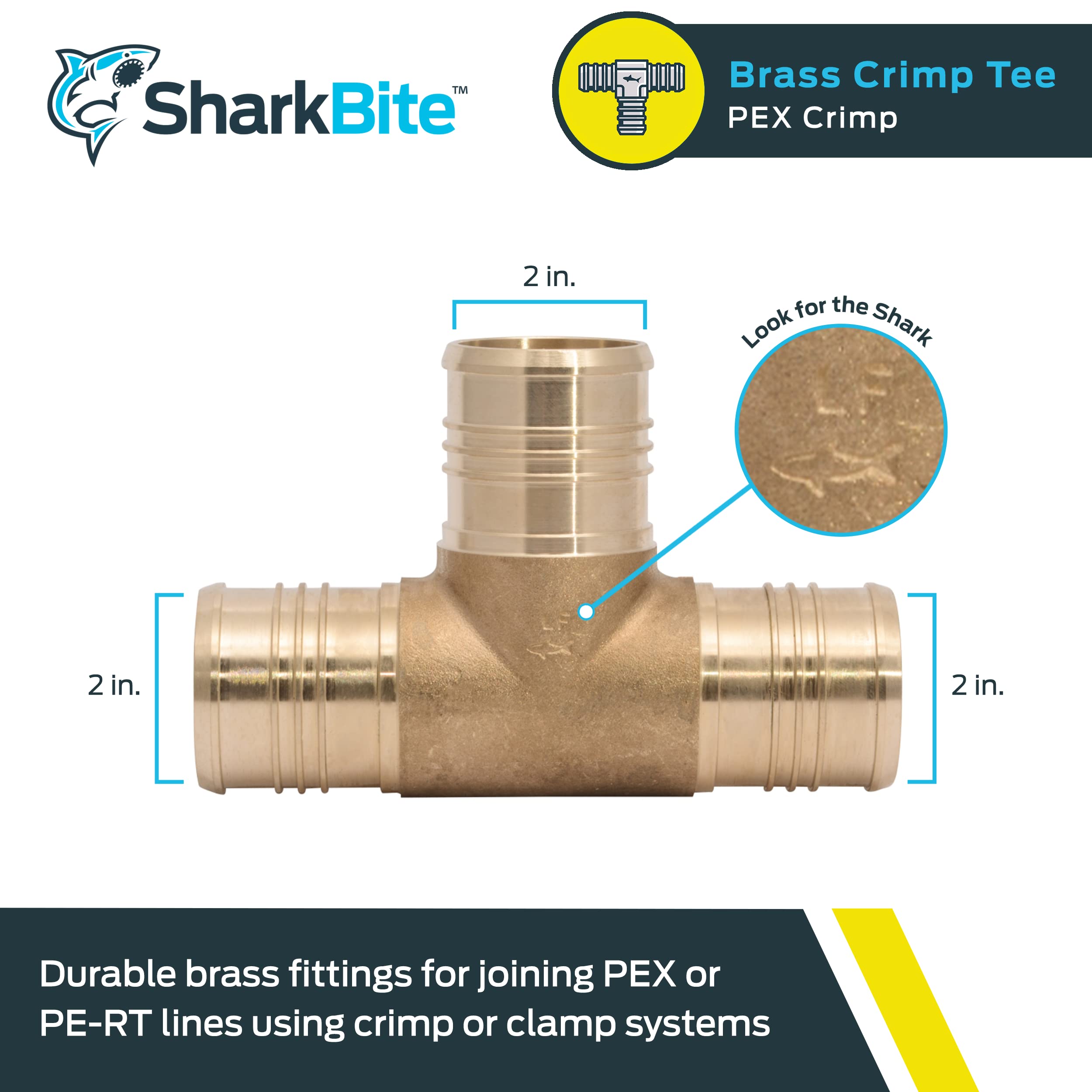 SharkBite Té à sertir de 5,1 cm, raccord de plomberie en laiton, tuyau PEX, PE-RT, UC0854