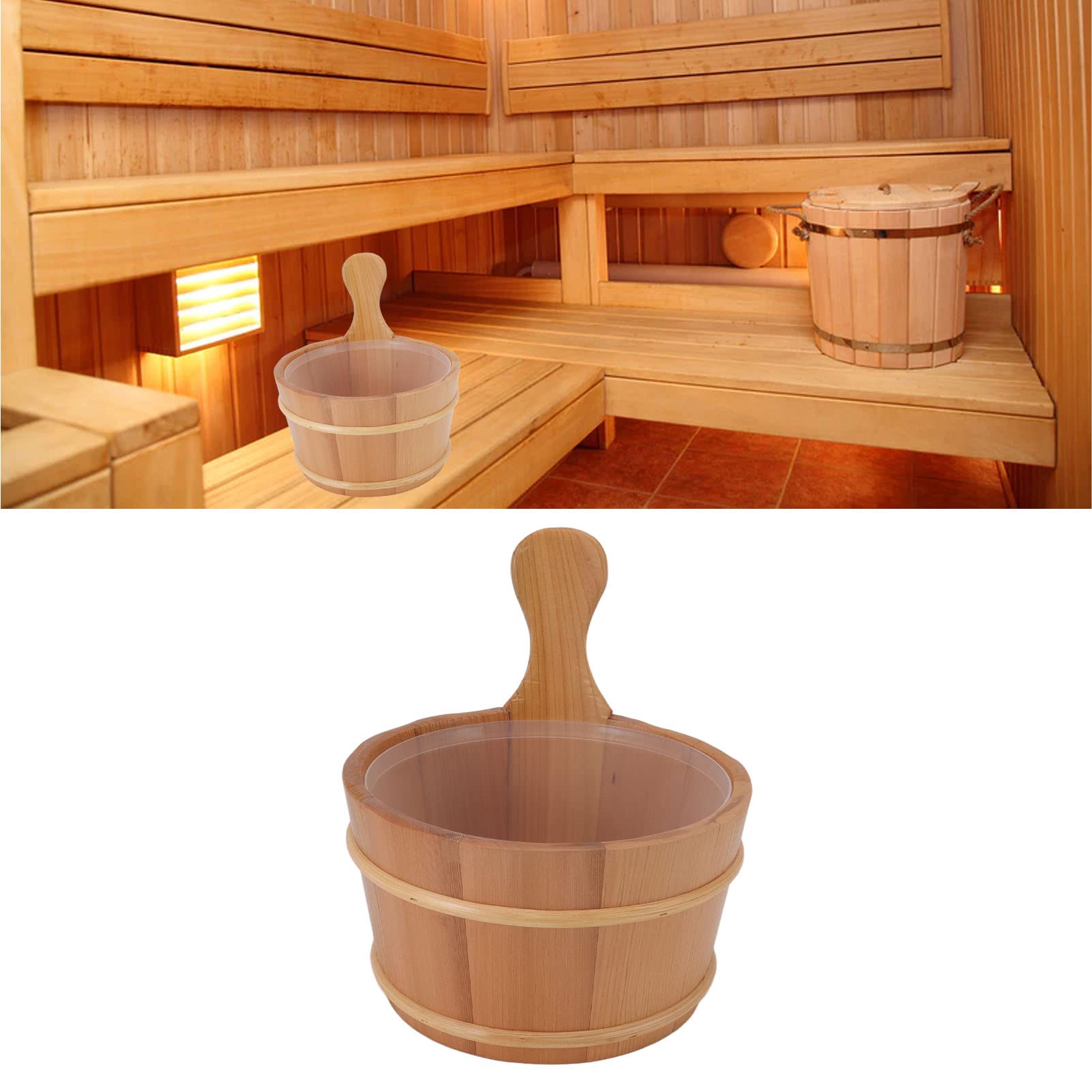 Sauna Bucket Wooden Sauna Barrel Handmade High Temperature Resistant Plastic Liner Multipurpose 4L with Ladle Steam Sauna